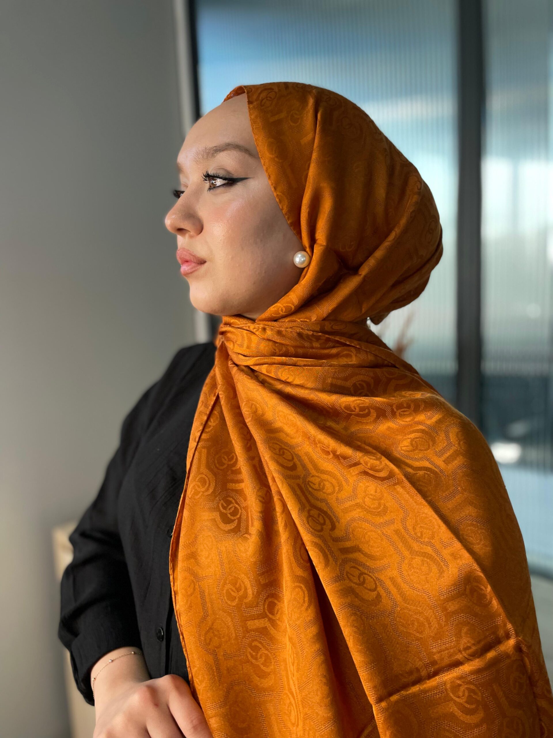 Dijital Monogram Desen İpeksi Jakar Şal-72761- Zerdeçal