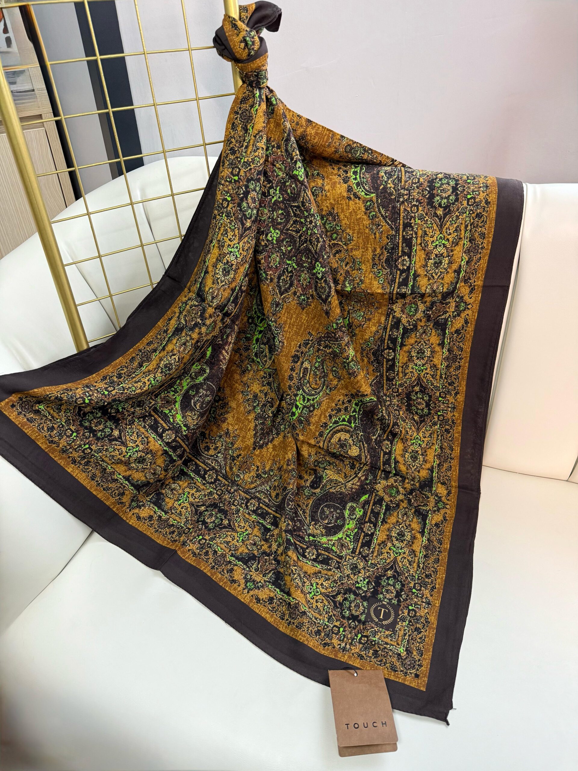 Touch İthal Pamuk İpek Şal-63456-Hardal-Yeşil