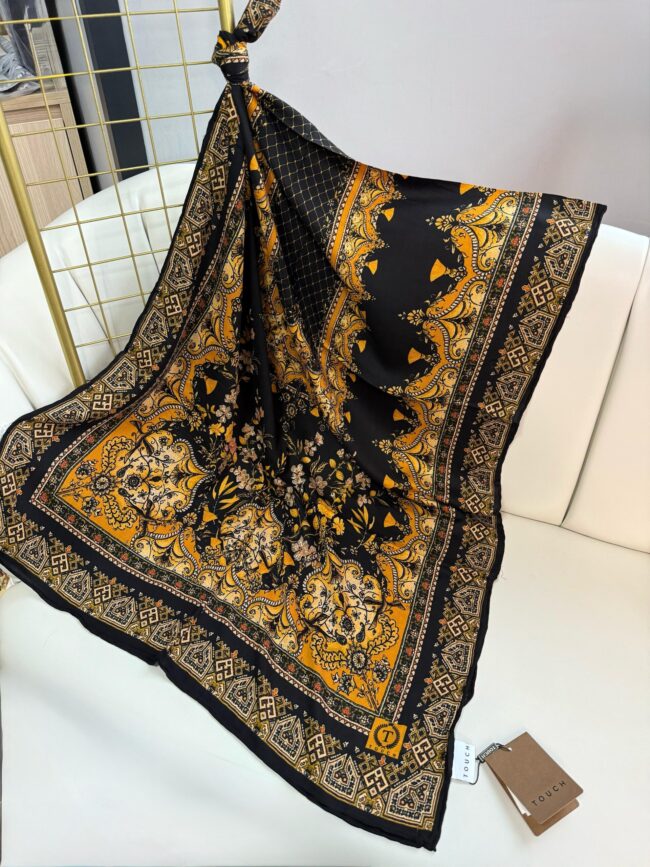 Touch İthal Etnik Desen Yün İpek Şal-34770-Siyah-Balkabağı