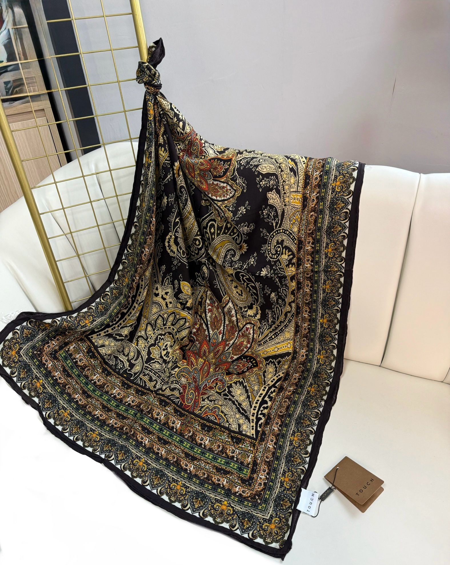 Touch İthal Etnik Desen Yün İpek Şal-20450-Acıkahve-Hardal