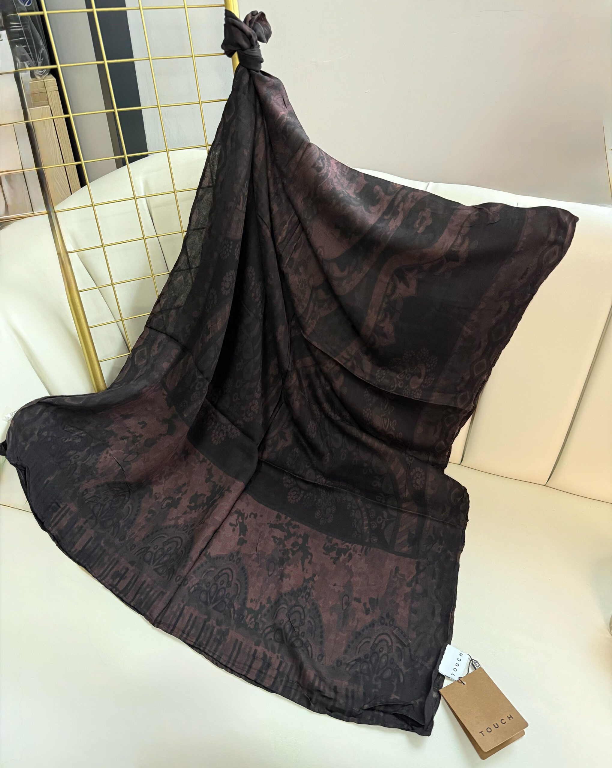 Touch İthal Etnik Desen Yün İpek Şal-34550-Ağaç Kabuğu