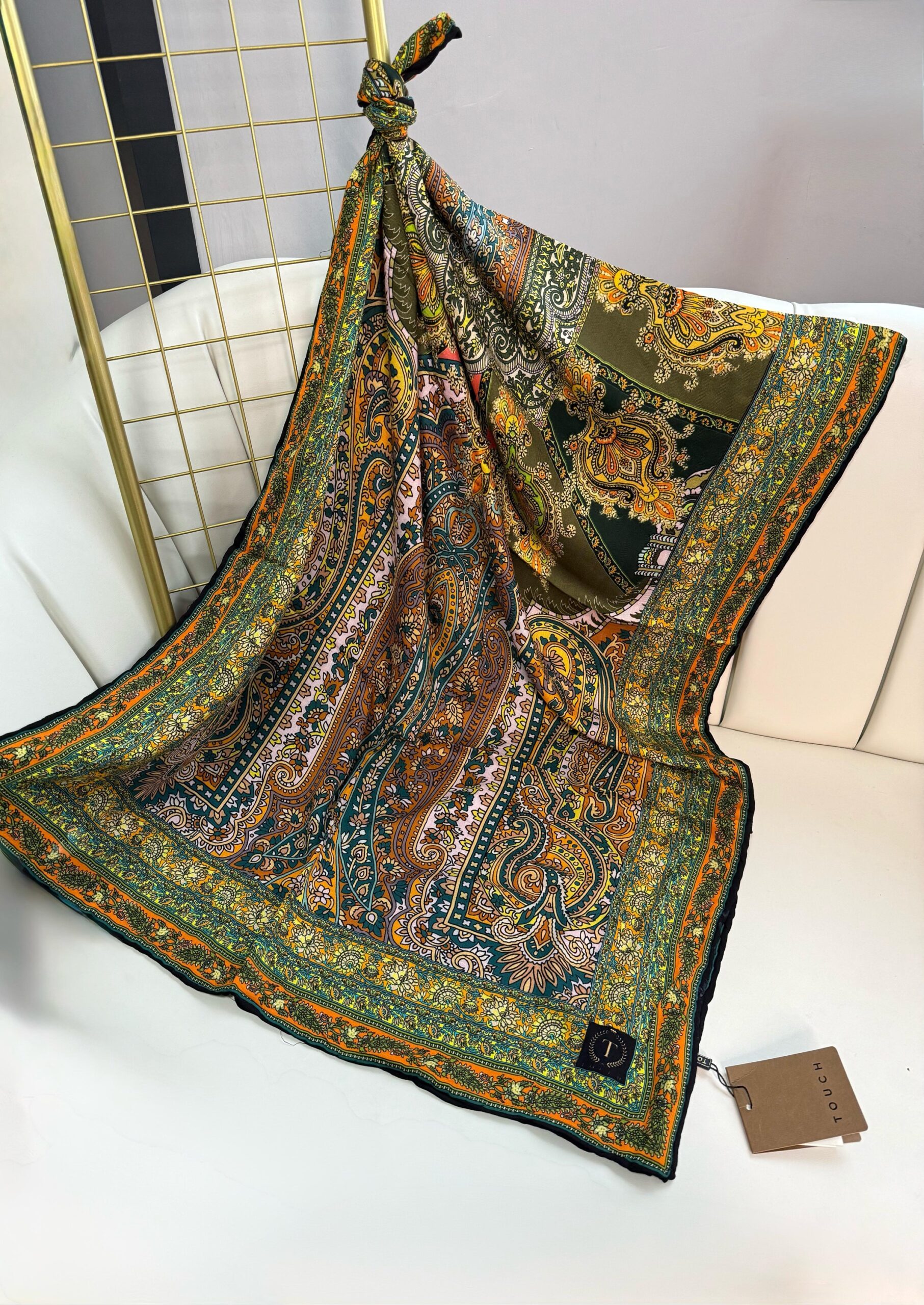 Touch İthal Etnik Desen Yün İpek Şal-35110-Mint-Kiremit