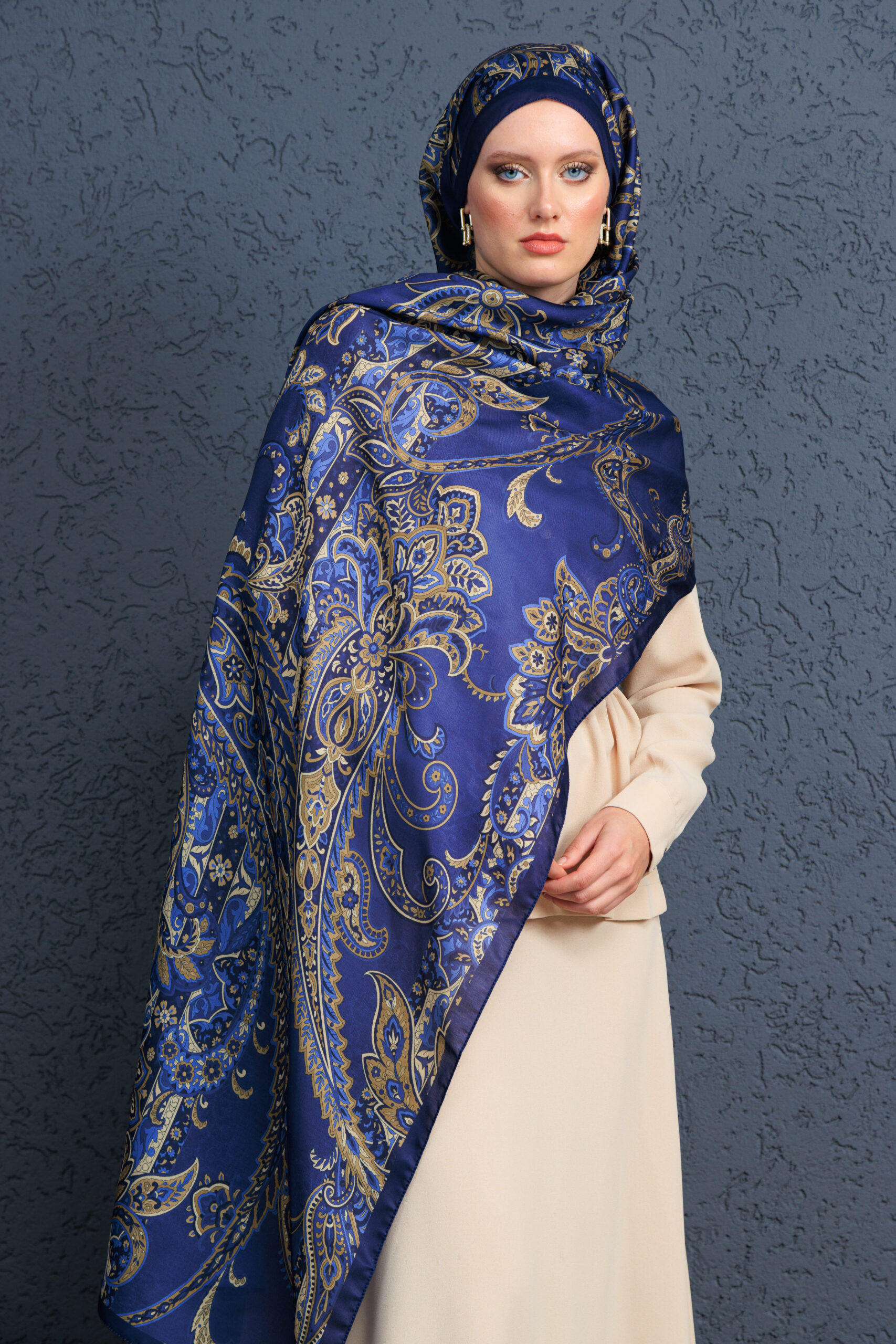 İnci Gecesi Desen Pamuk İpek Şal-10004-GECE MAVİSİ - Görsel 5