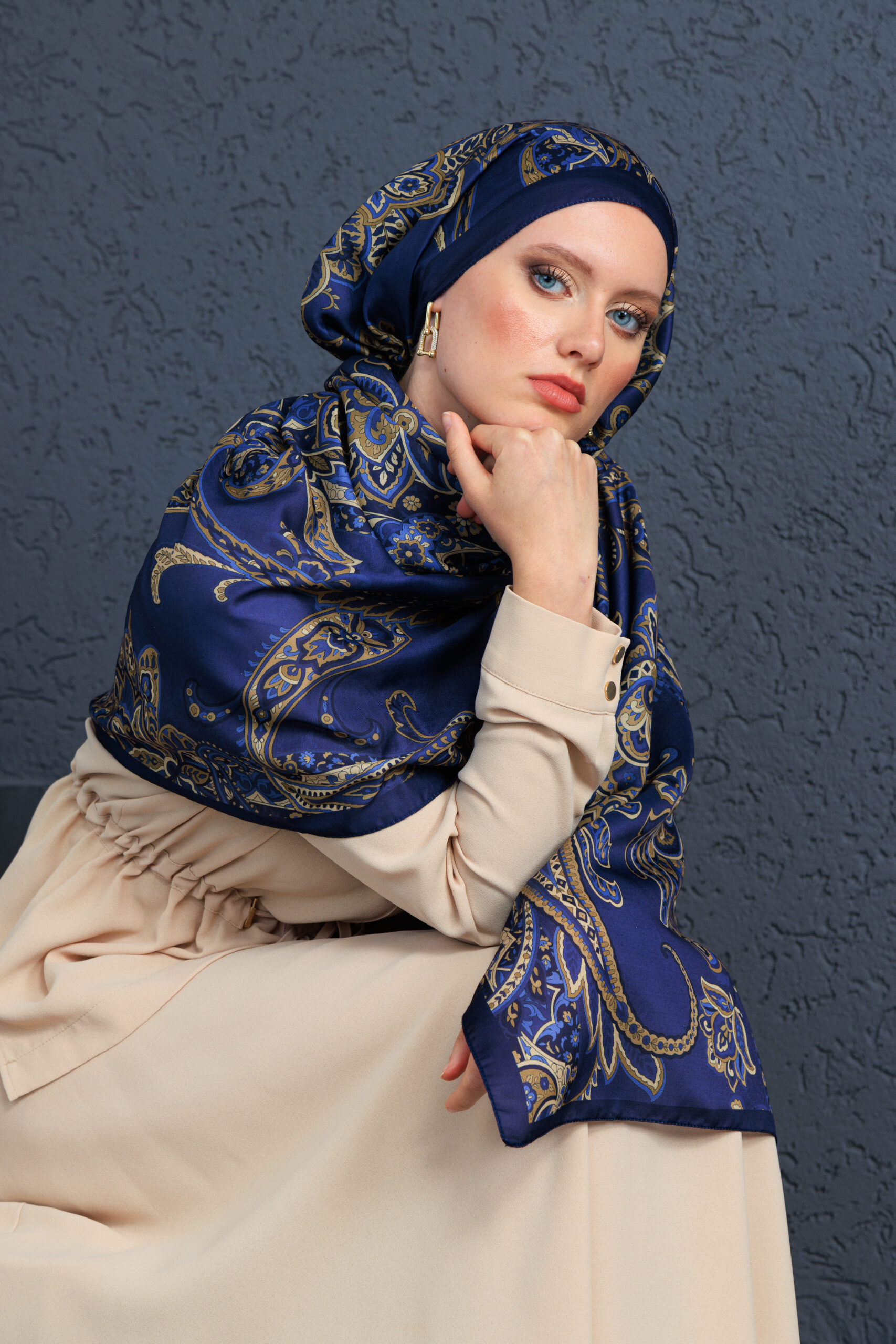 İnci Gecesi Desen Pamuk İpek Şal-10004-GECE MAVİSİ - Görsel 4