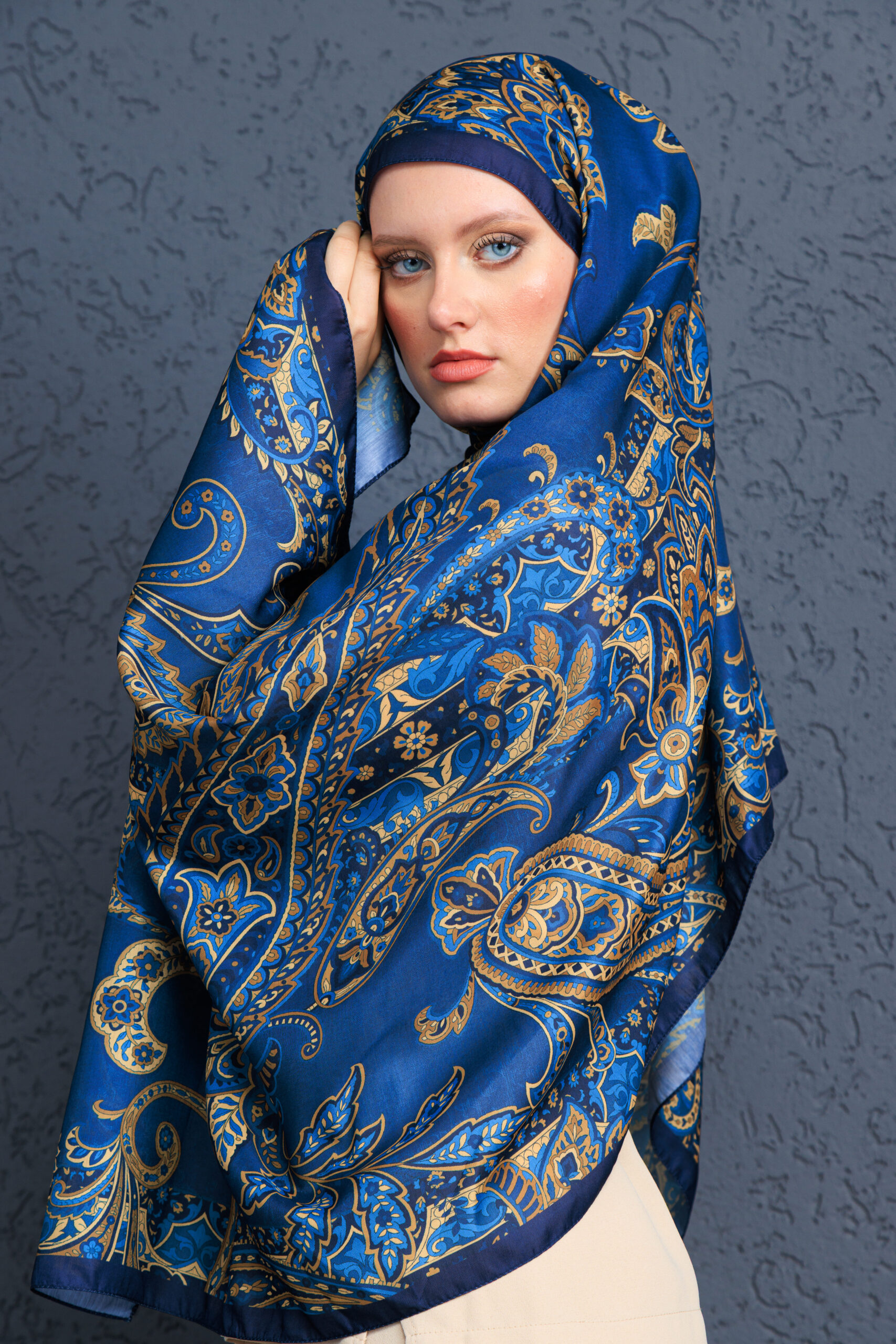 İnci Gecesi Desen Pamuk İpek Şal-10004-GECE MAVİSİ