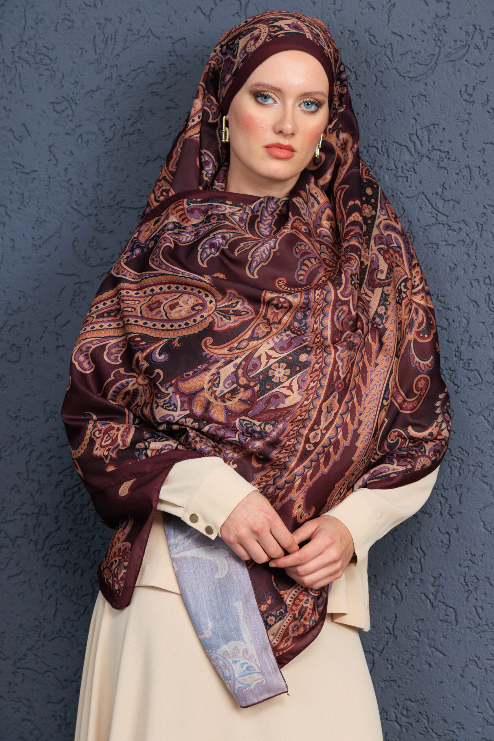 İnci Gecesi Desen Pamuk İpek Şal-10004-BORDO - Görsel 2