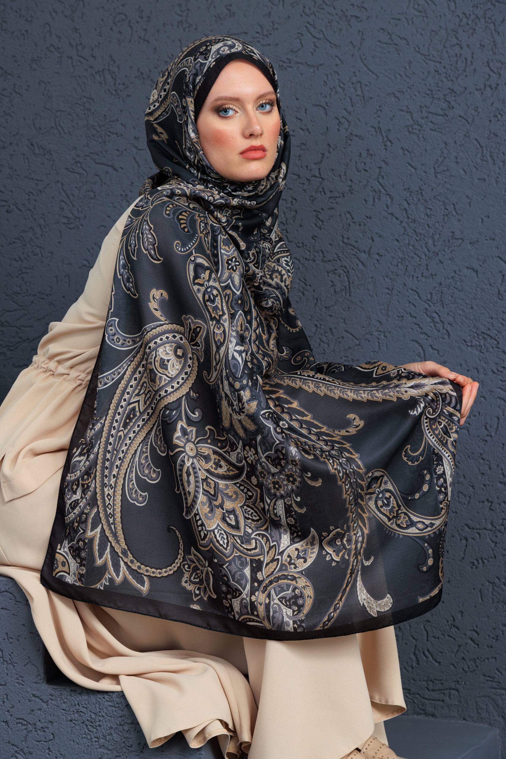 İnci Gecesi Desen Pamuk İpek Şal-10004-FÜME - Görsel 2