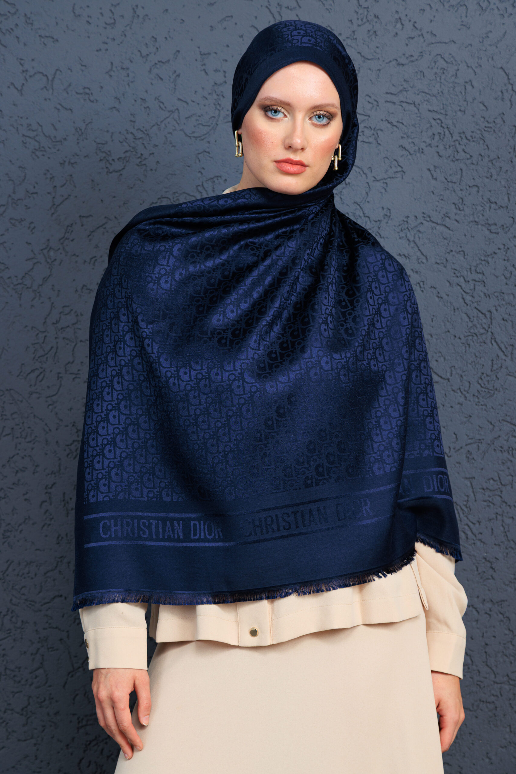 Dior  İthal Yün  İpek Şal Tam Set Kutulu Sertifikalı-Lacivert - Görsel 2