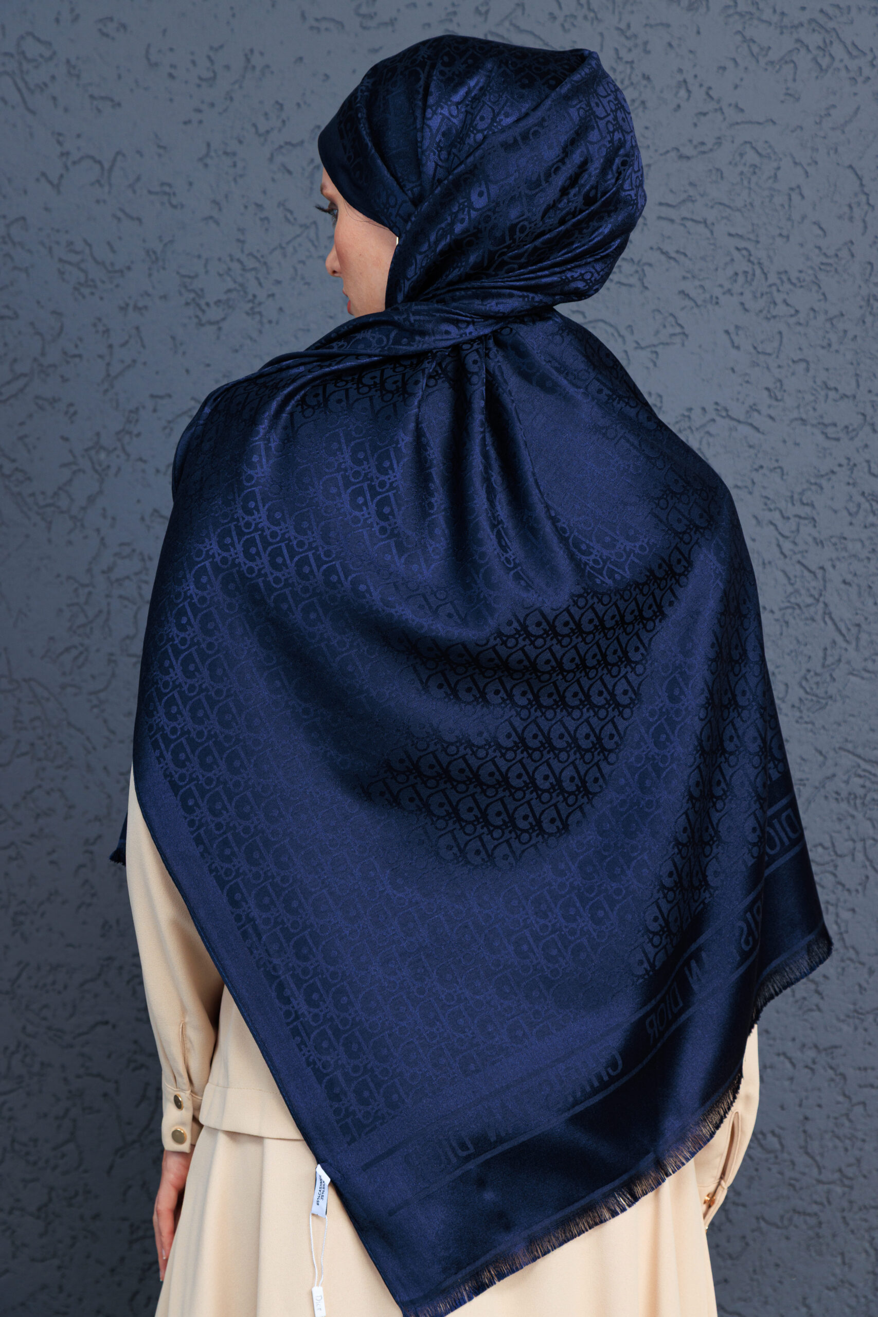 Dior  İthal Yün  İpek Şal Tam Set Kutulu Sertifikalı-Lacivert - Görsel 3