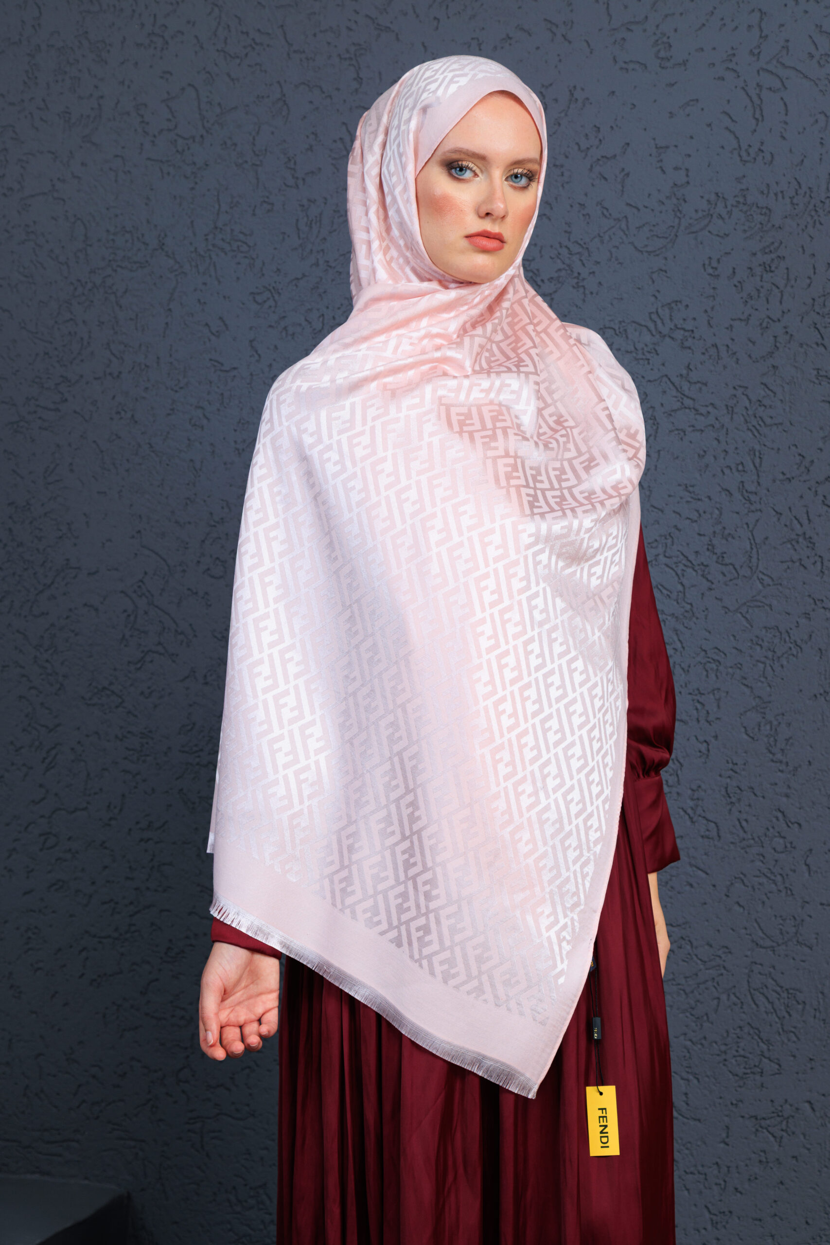 Fendi  İthal Yün  İpek Şal Tam Set Kutulu Sertifikalı-Pudra - Görsel 2