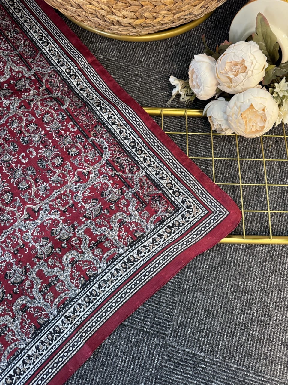 Vintage  Desen Naturel ipek Şal-010203-Vişne