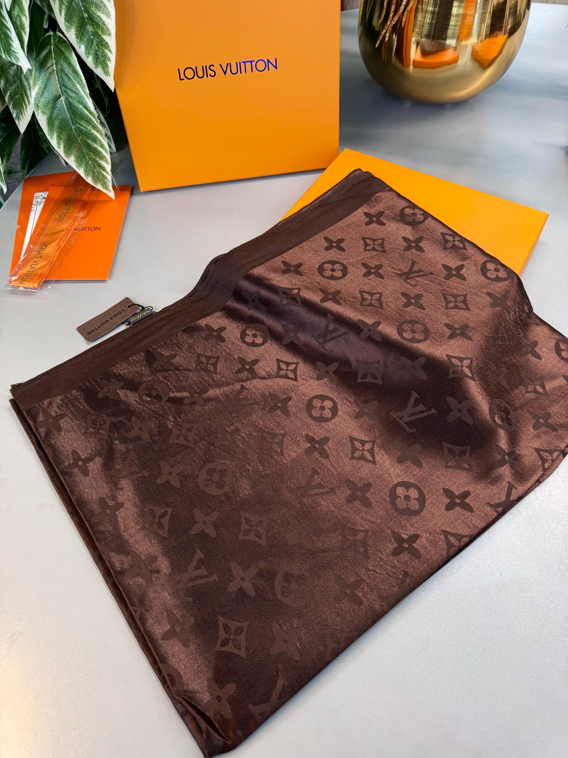 Lv  İthal Yün  İpek Şal Tam Set Kutulu Sertifikalı-Acıkahve