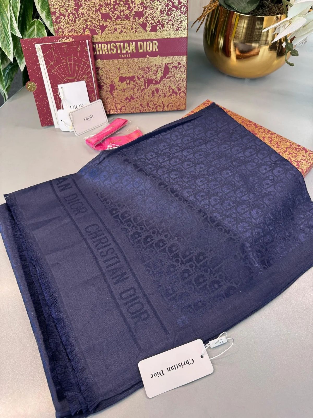 Dior  İthal Yün  İpek Şal Tam Set Kutulu Sertifikalı-Lacivert - Görsel 5