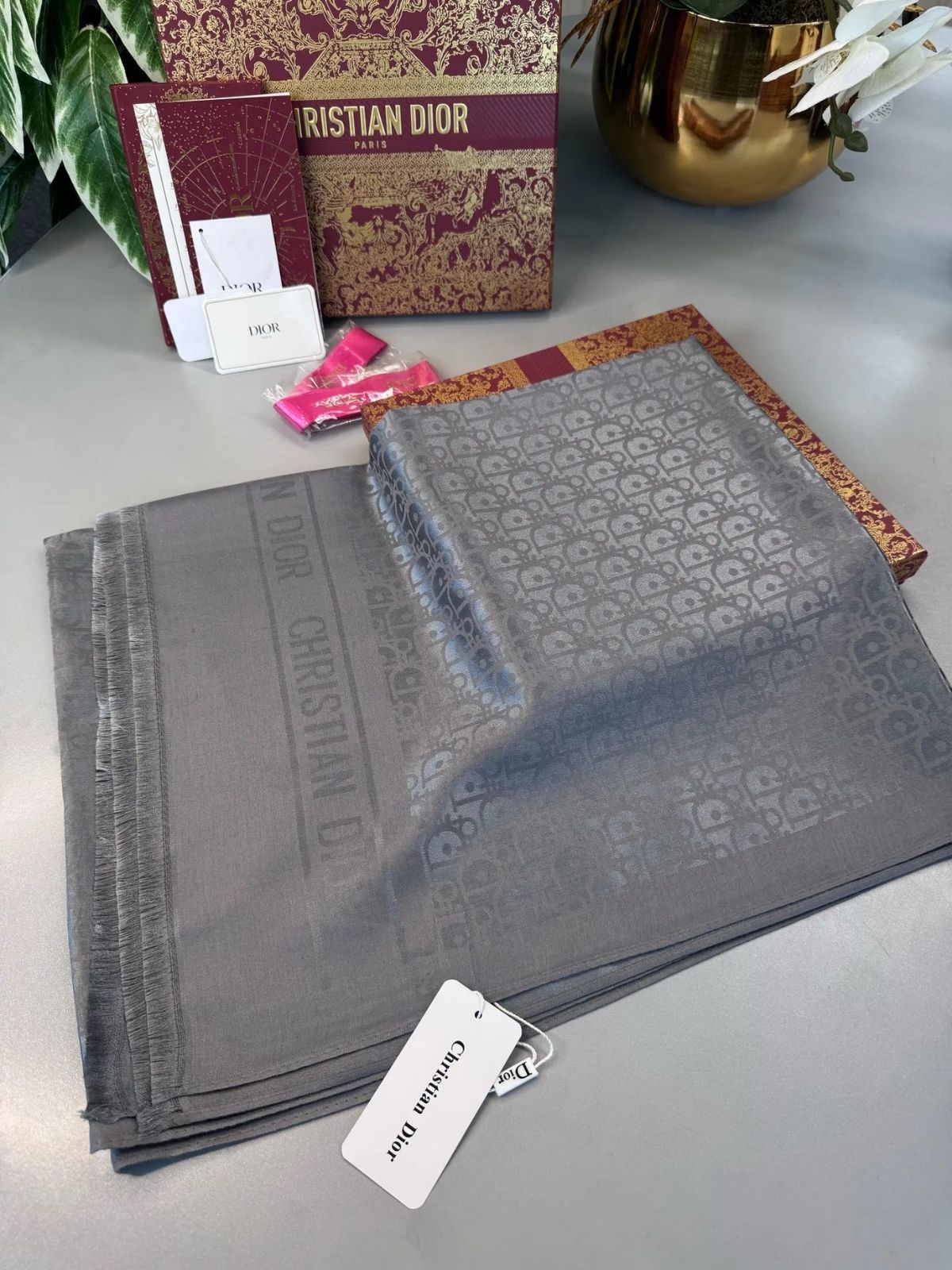 Dior  İthal Yün  İpek Şal Tam Set Kutulu Sertifikalı-Antrasit - Görsel 5