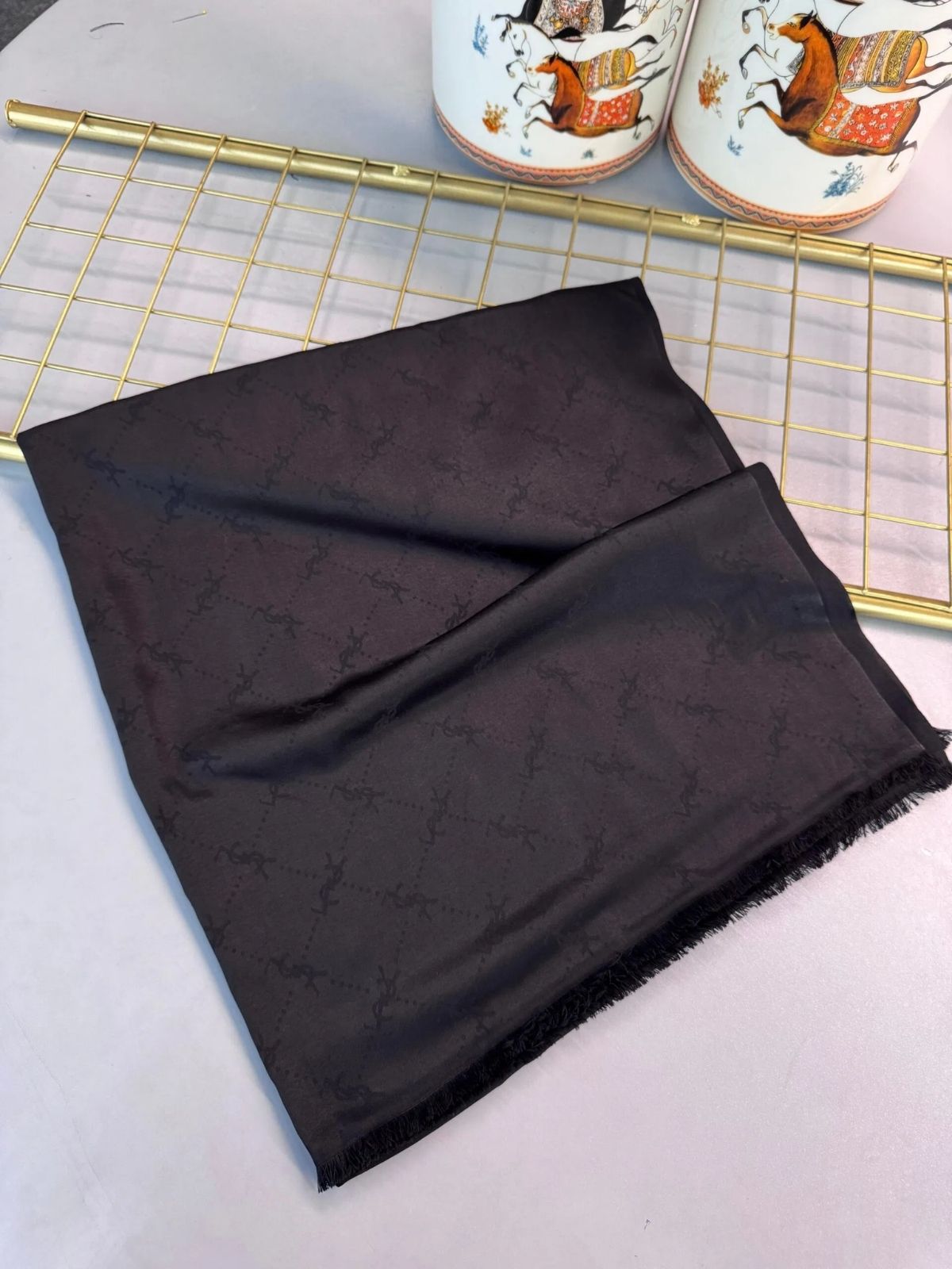 Ysl  Desen Kendinden Dokulu Desenli İtalyan Şal-10010-Siyah - Görsel 4