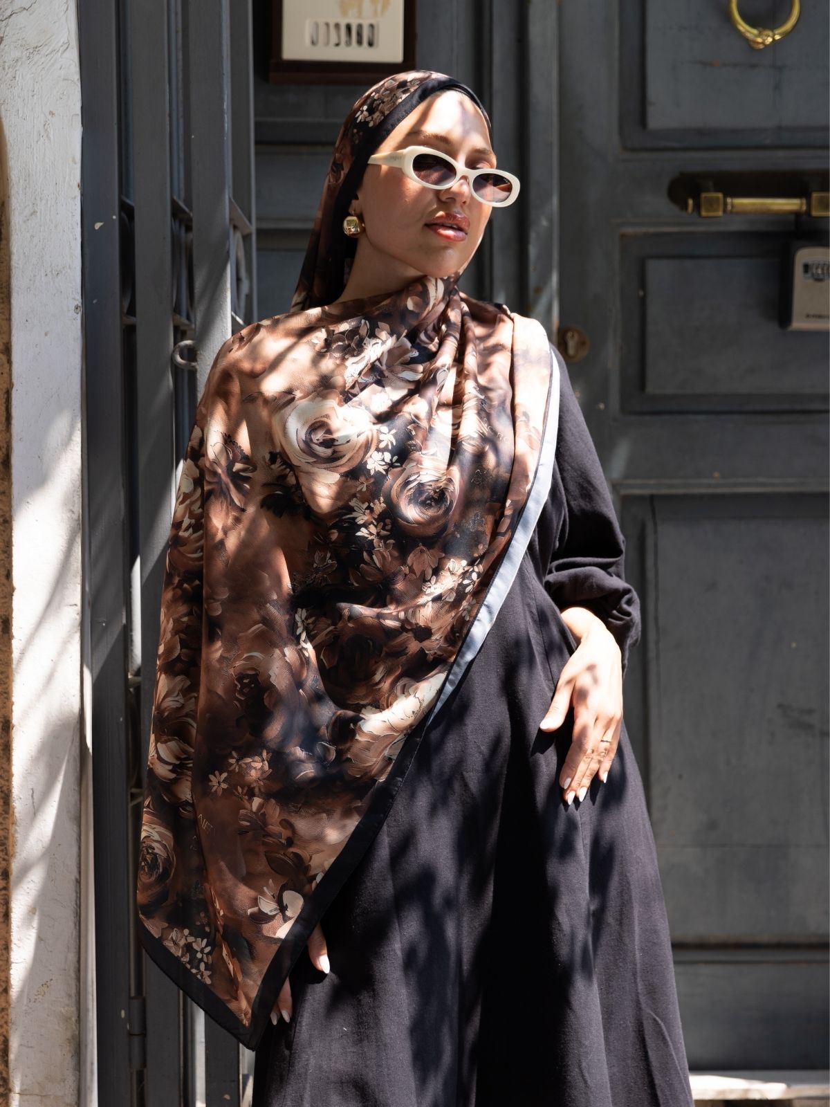 Mystic Bloom Desen Pamuk İpek Şal-Bronz