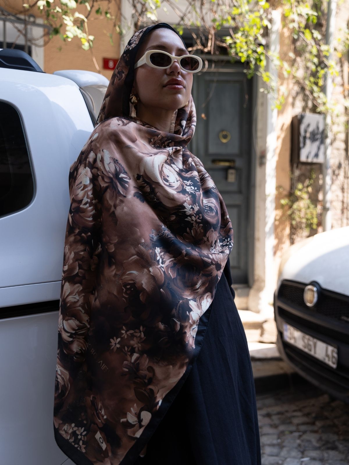 Mystic Bloom Desen Pamuk İpek Şal-Bronz - Görsel 2