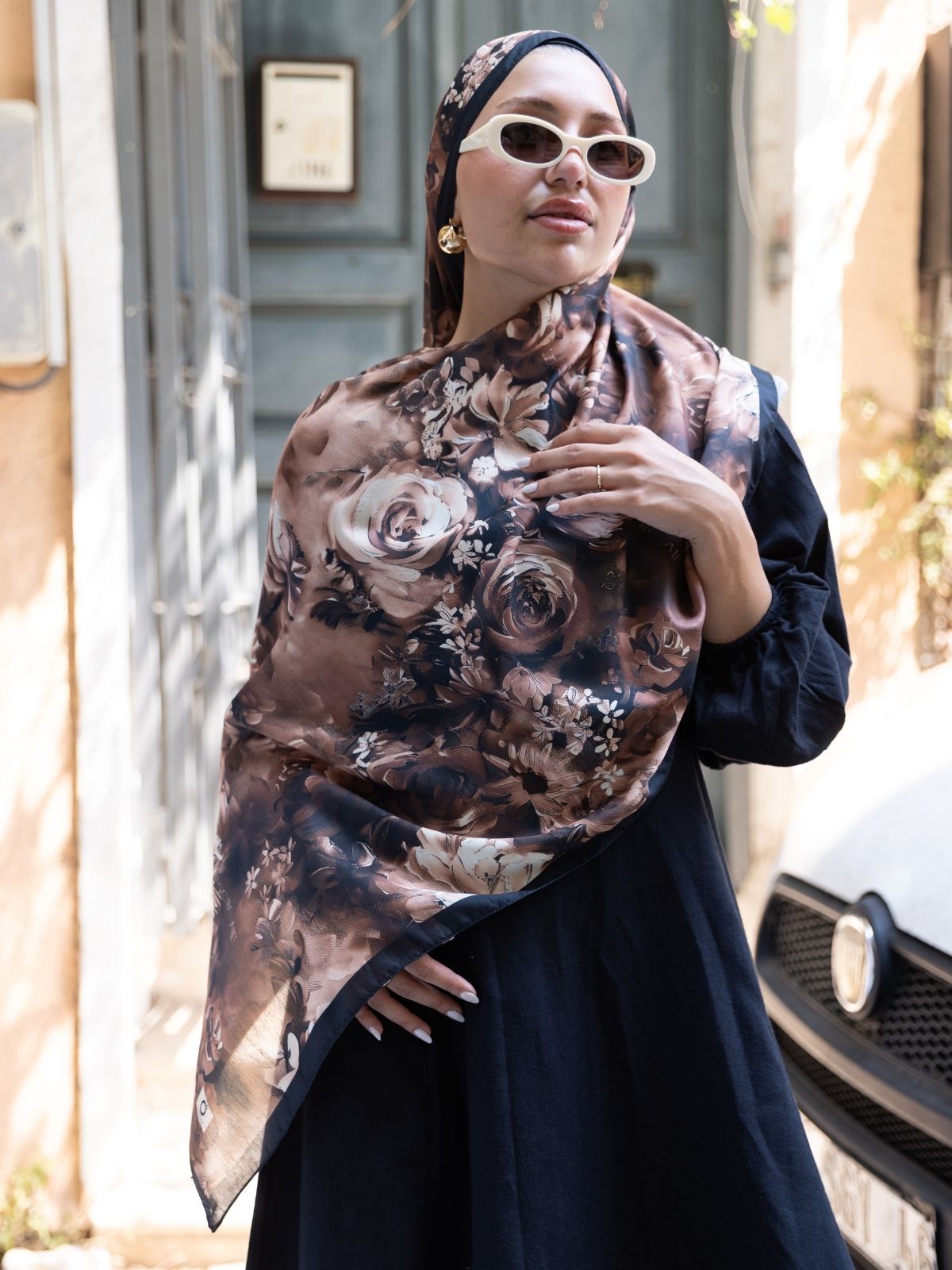 Mystic Bloom Desen Pamuk İpek Şal-Bronz - Görsel 3