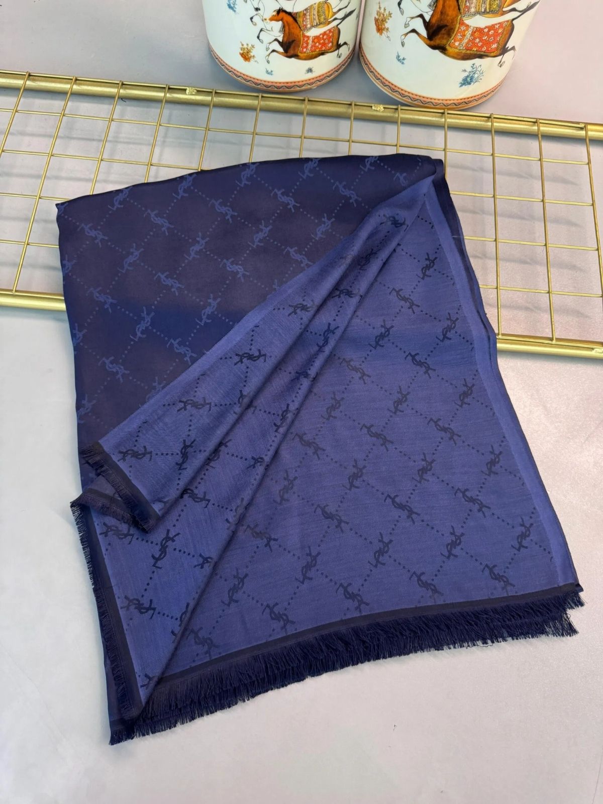 Ysl  Desen Kendinden Dokulu Desenli İtalyan Şal-10010-Lacivert - Görsel 5