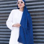 Ysl  Desen Kendinden Dokulu Desenli İtalyan Şal-10010-Lacivert