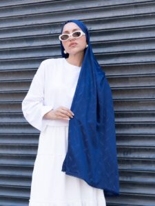 Ysl  Desen Kendinden Dokulu Desenli İtalyan Şal-10010-Lacivert