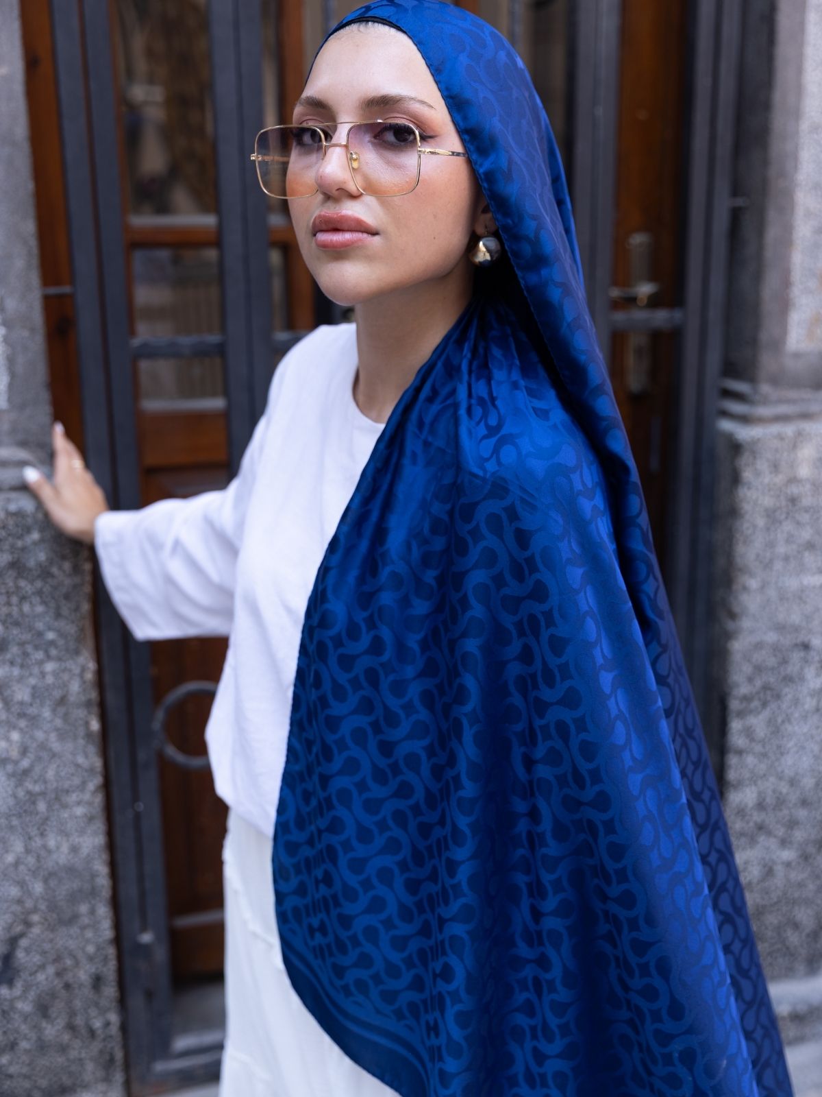 Ritim  Desen Pamuk İpeksi Jakar Şal-53354-Lacivert