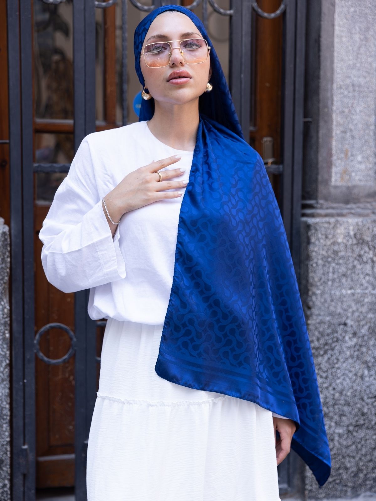 Ritim  Desen Pamuk İpeksi Jakar Şal-53354-Lacivert - Görsel 2