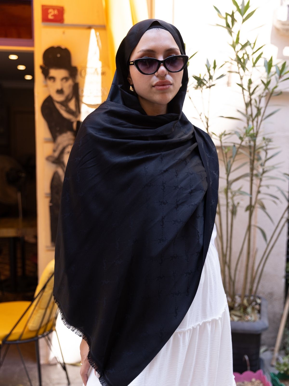 Ysl  Desen Kendinden Dokulu Desenli İtalyan Şal-10010-Siyah - Görsel 3