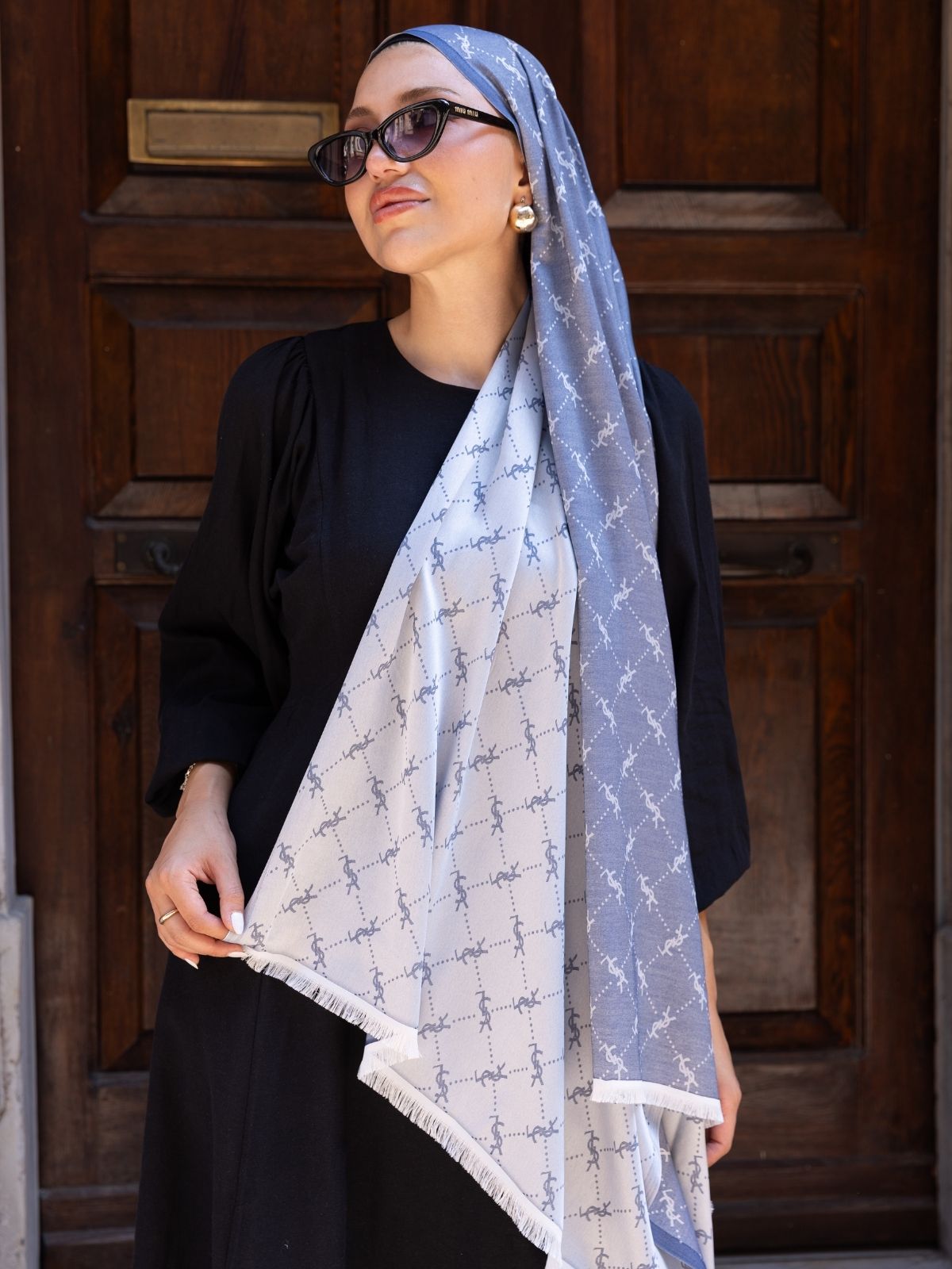 Ysl Desen Kendinden Dokulu Desenli İtalyan Şal-10010-Kot mavi
