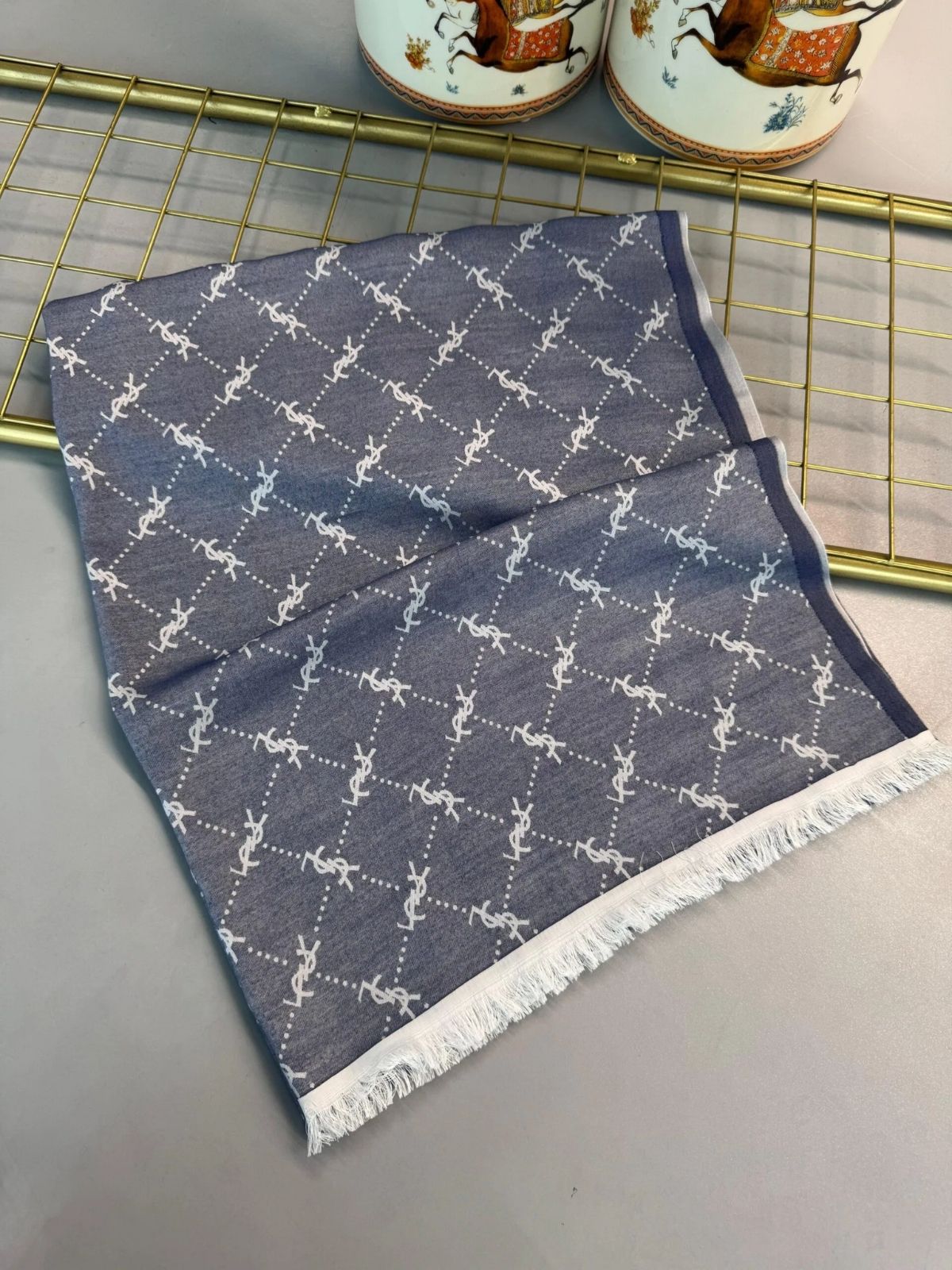 Ysl Desen Kendinden Dokulu Desenli İtalyan Şal-10010-Kot mavi - Görsel 5