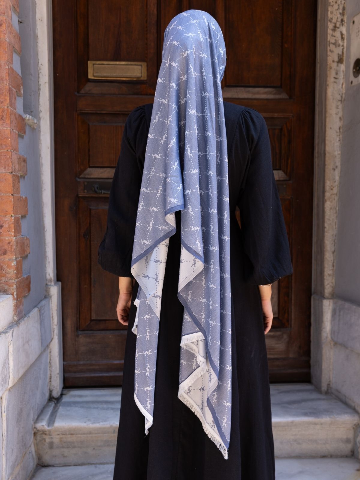 Ysl Desen Kendinden Dokulu Desenli İtalyan Şal-10010-Kot mavi - Görsel 4