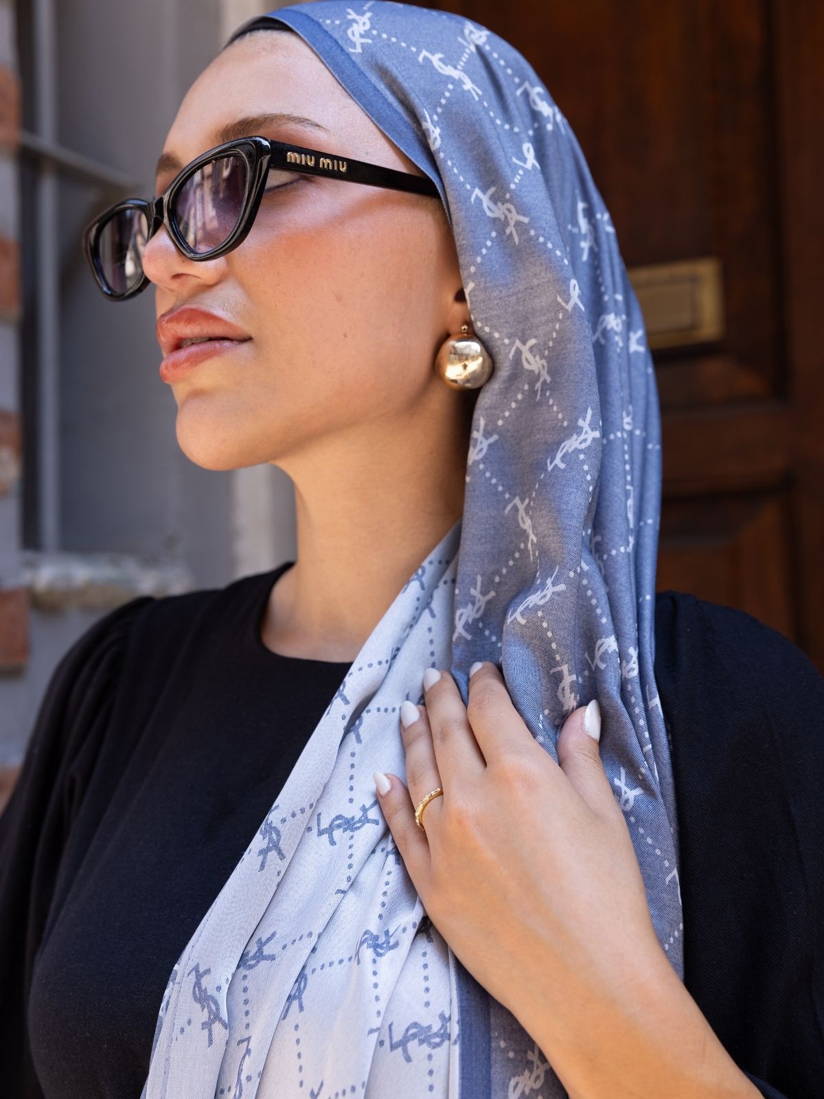 Ysl Desen Kendinden Dokulu Desenli İtalyan Şal-10010-Kot mavi - Görsel 2