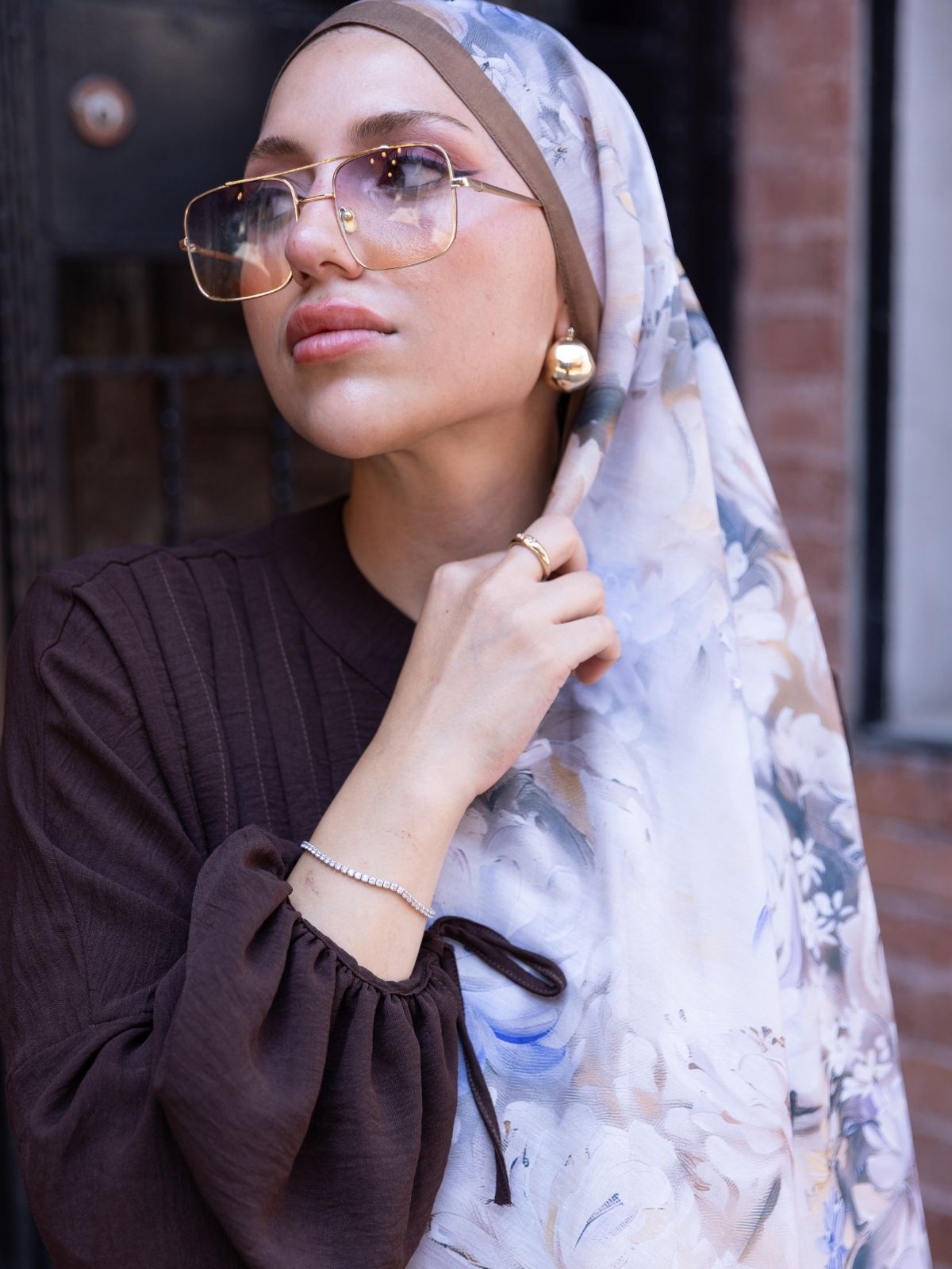 Mystic Bloom Desen Pamuk İpek Şal-Sütlü kahve - Görsel 4