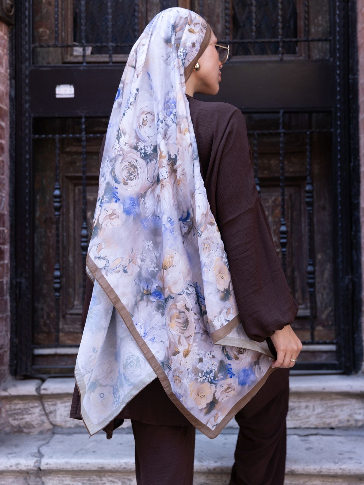 Mystic Bloom Desen Pamuk İpek Şal-Sütlü kahve - Görsel 3
