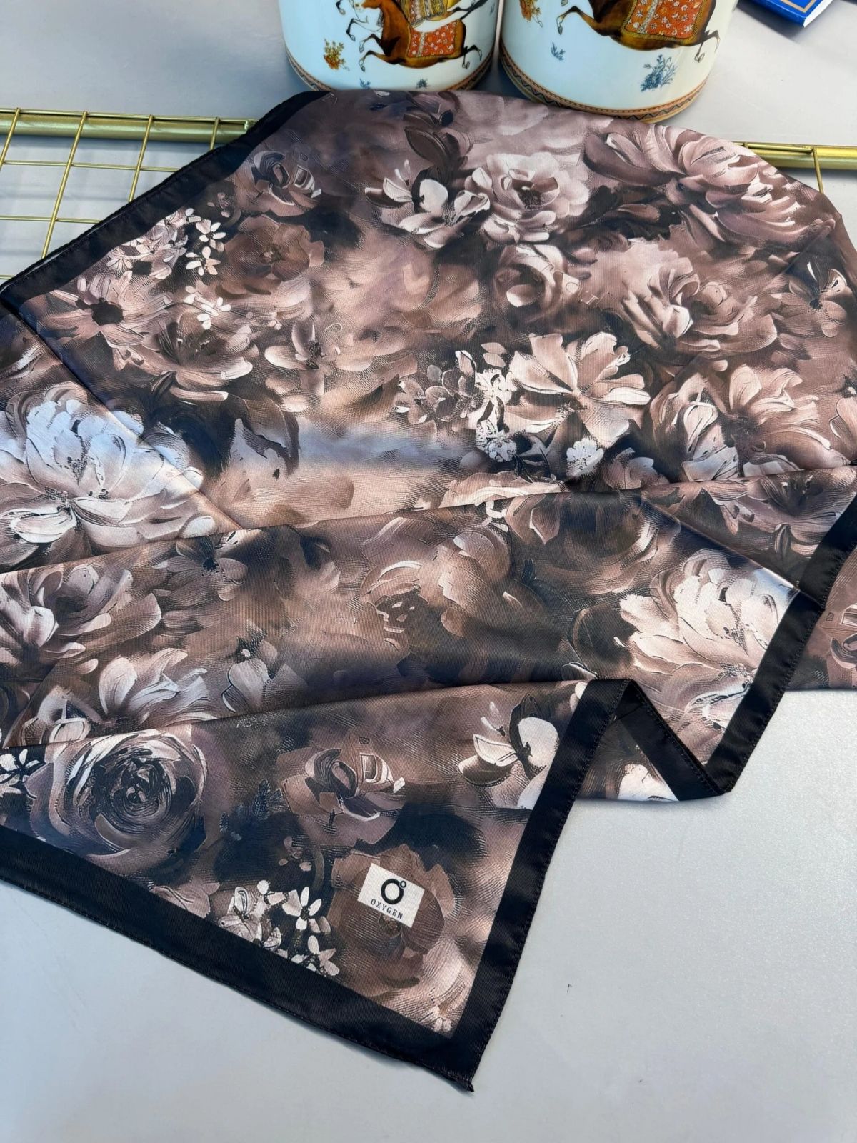 Mystic Bloom Desen Pamuk İpek Şal-Kahve - Görsel 4