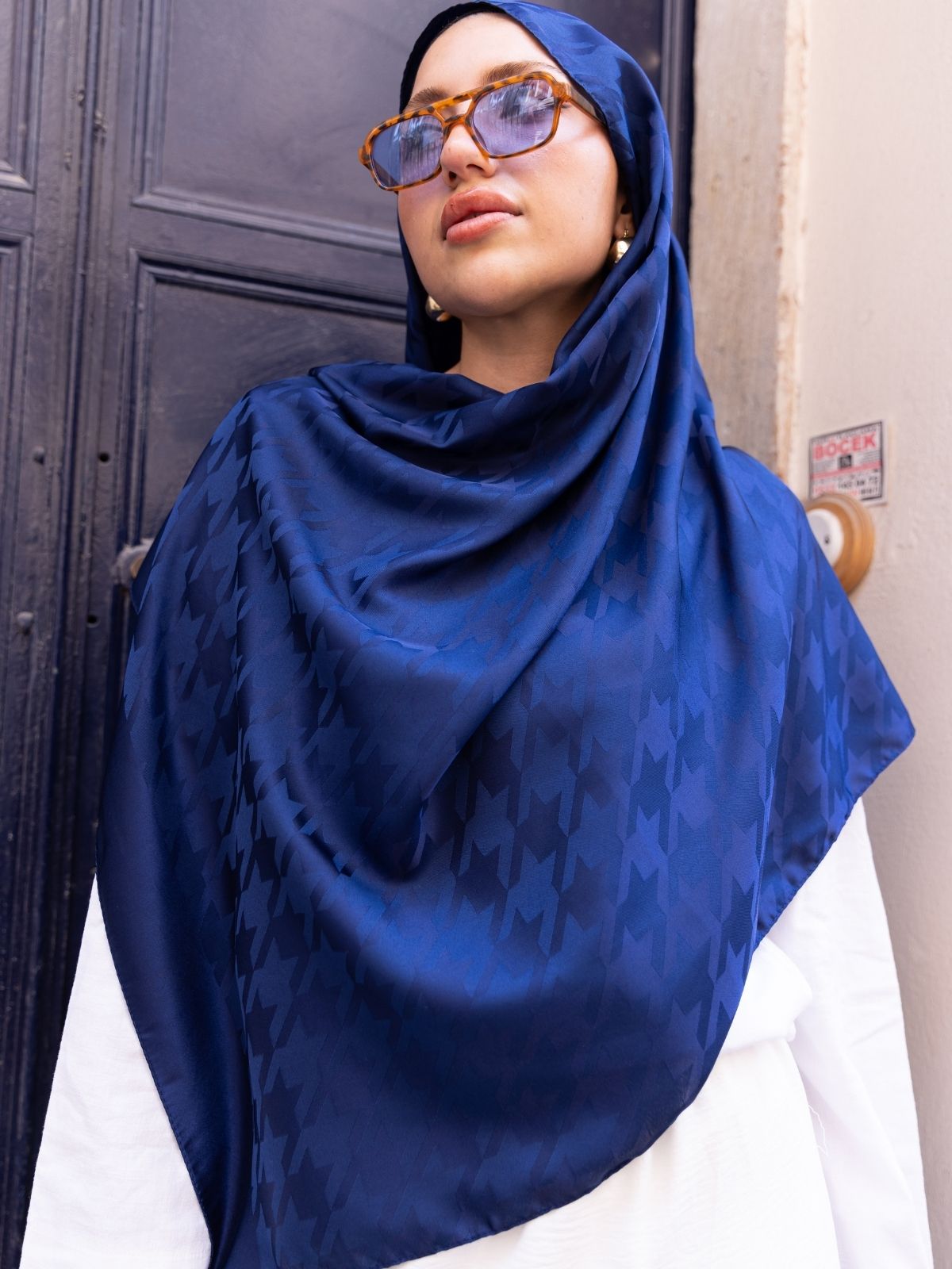 Kazayağı Desen Pamuk İpeksi Jakar Şal-53354-Lacivert