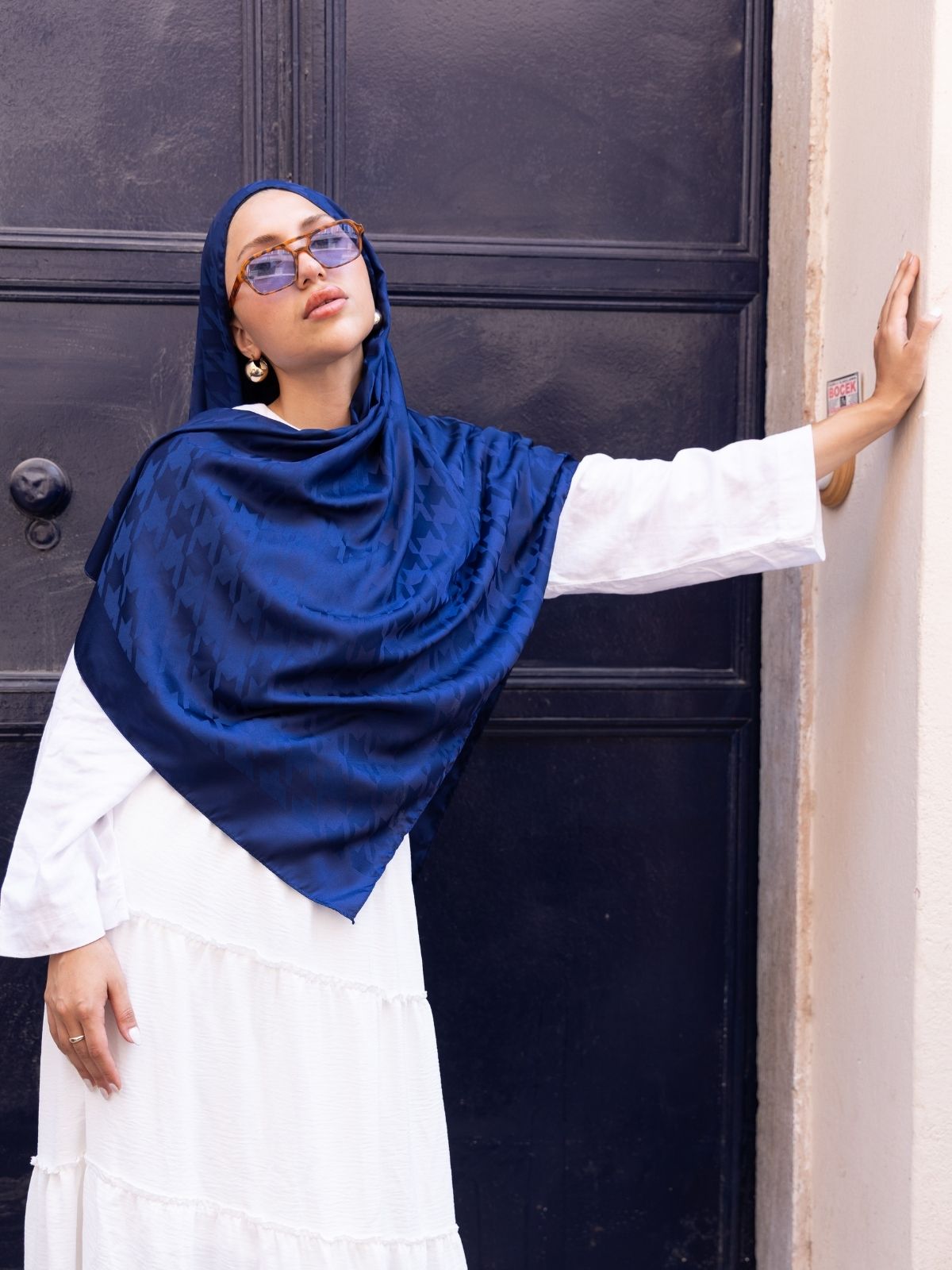 Kazayağı Desen Pamuk İpeksi Jakar Şal-53354-Lacivert - Görsel 2