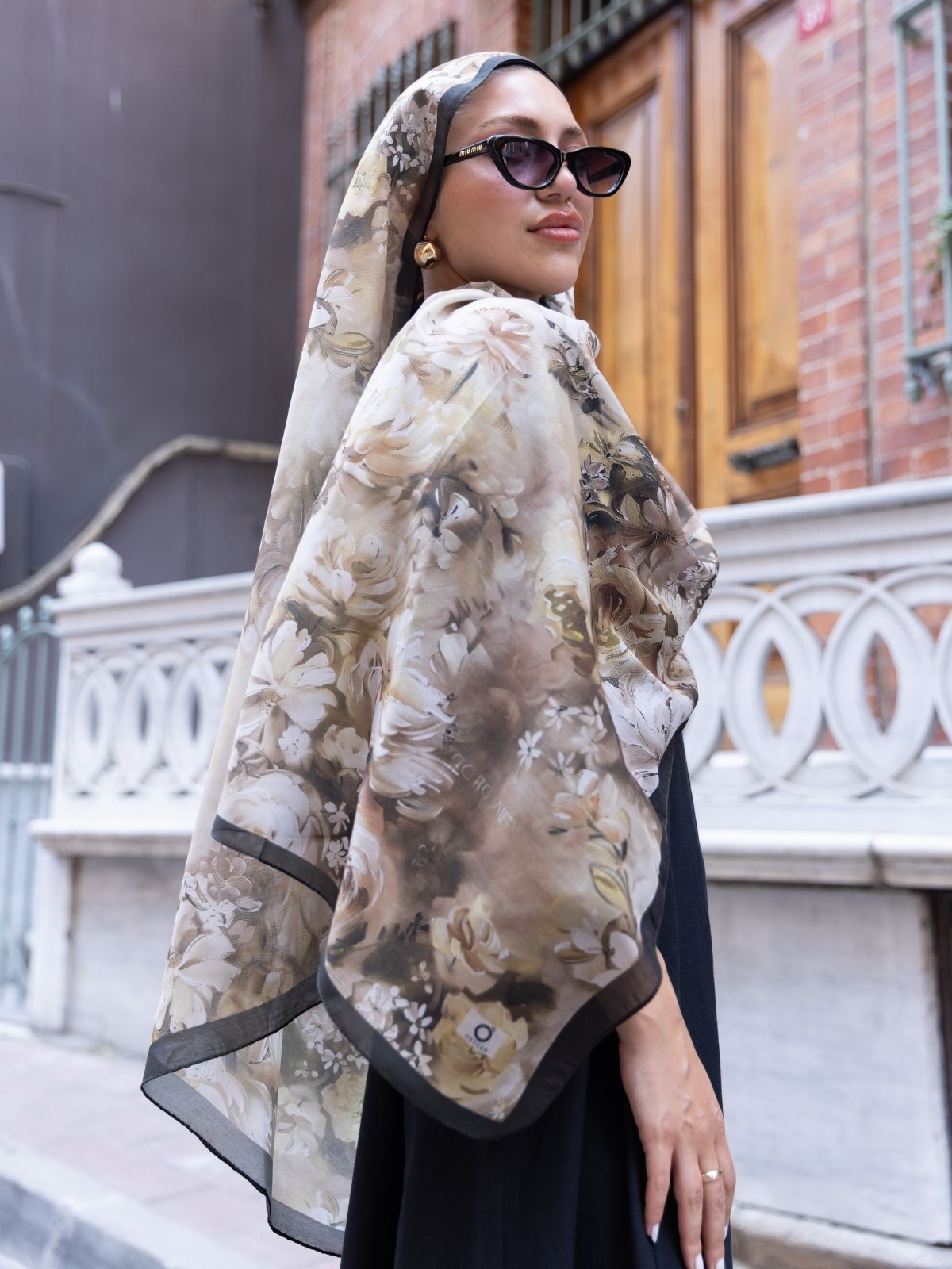 Mystic Bloom Desen Pamuk İpek Şal-Latte