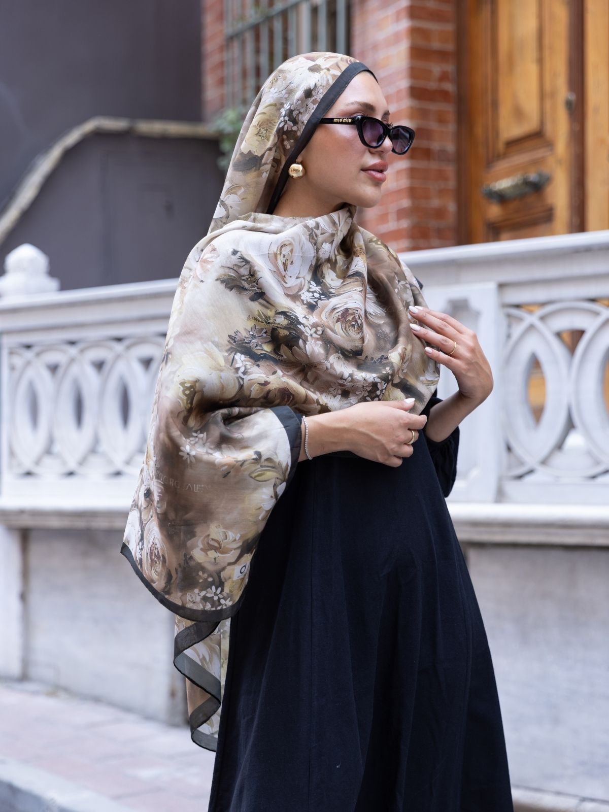 Mystic Bloom Desen Pamuk İpek Şal-Latte - Görsel 3