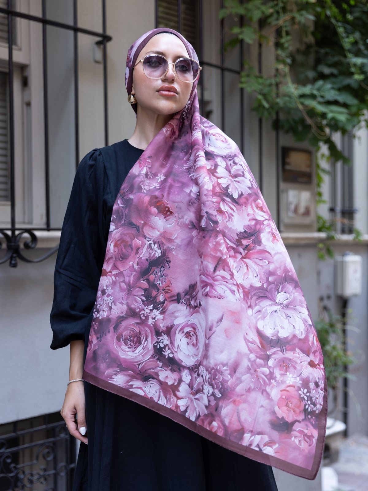 Mystic Bloom Desen Pamuk İpek Şal-Gül kurusu