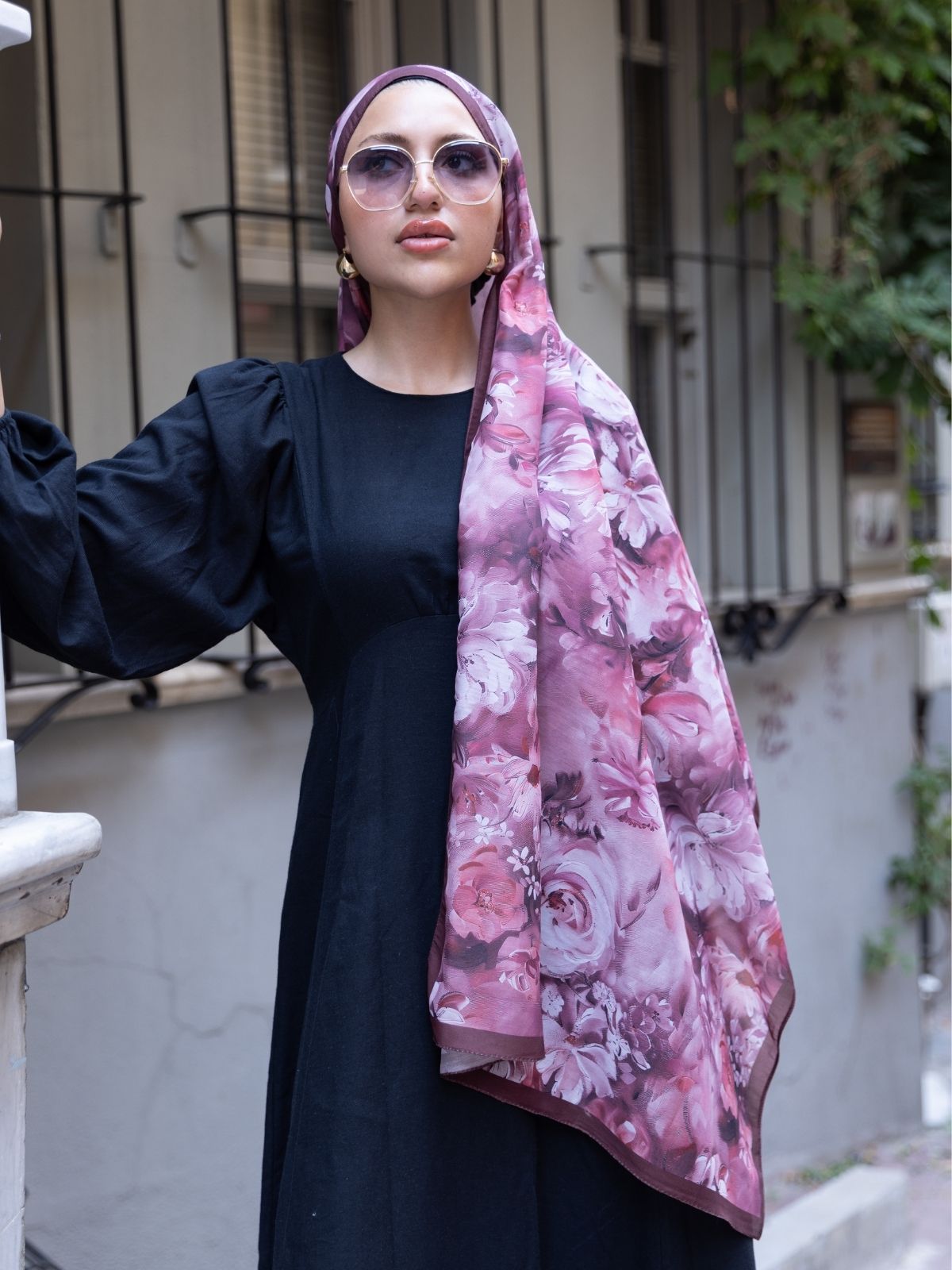 Mystic Bloom Desen Pamuk İpek Şal-Gül kurusu - Görsel 4