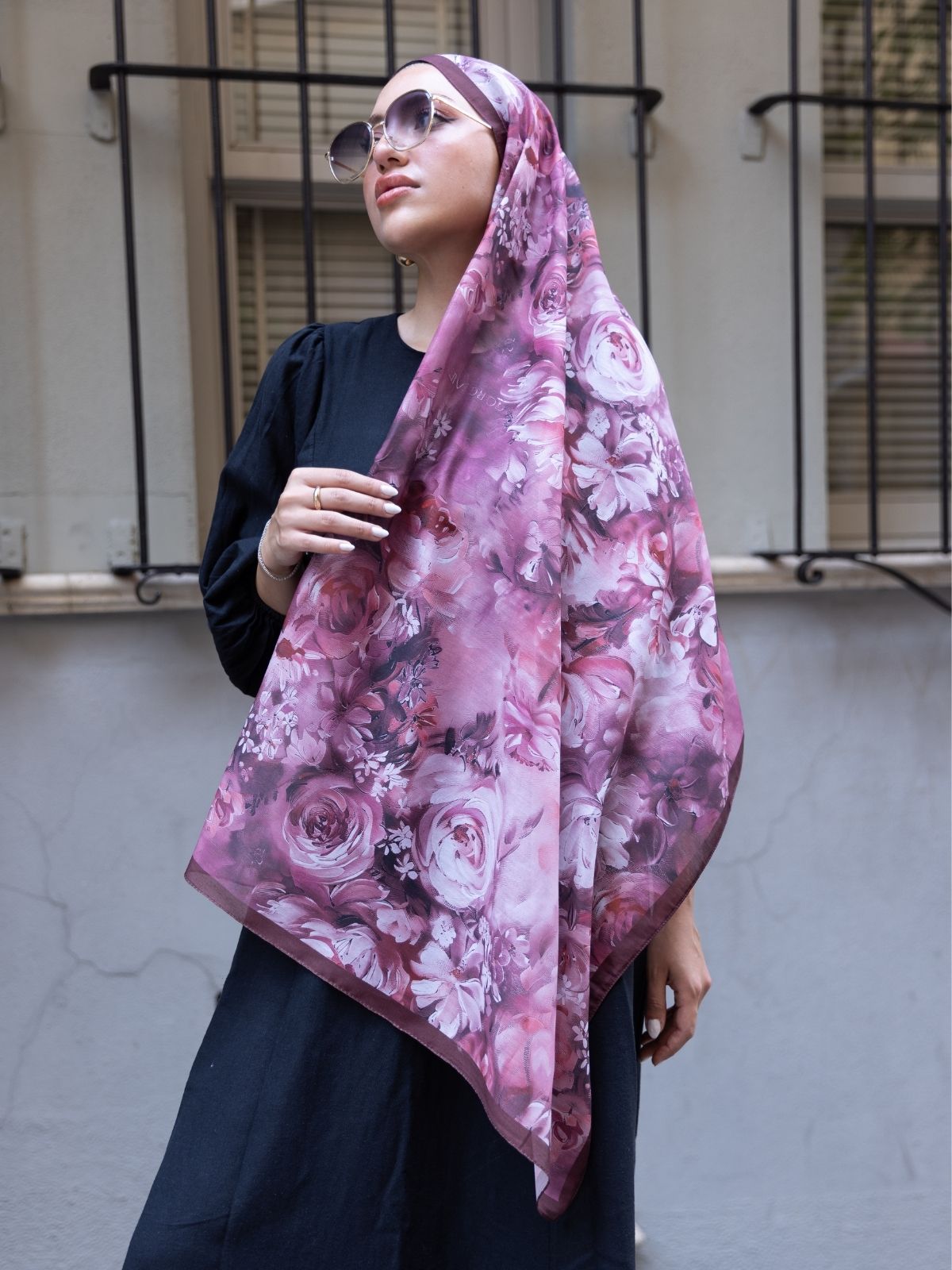 Mystic Bloom Desen Pamuk İpek Şal-Gül kurusu - Görsel 3