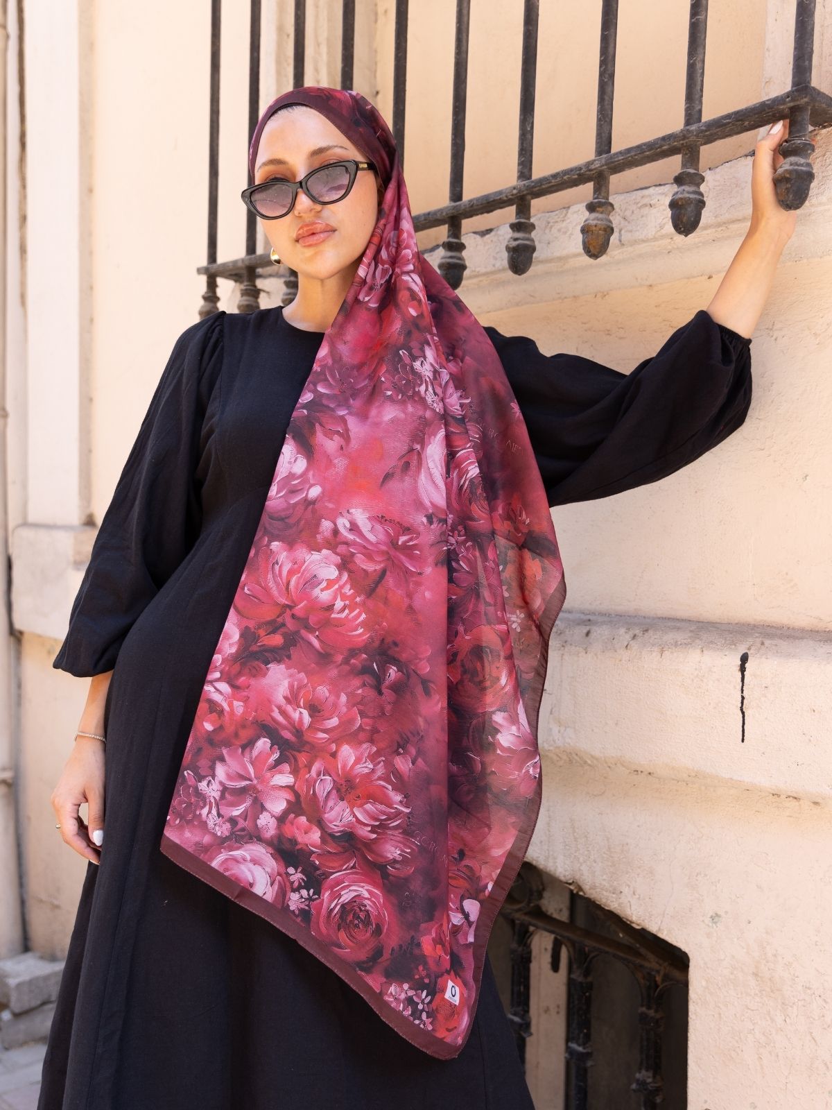 Mystic Bloom Desen Pamuk İpek Şal-Bordo