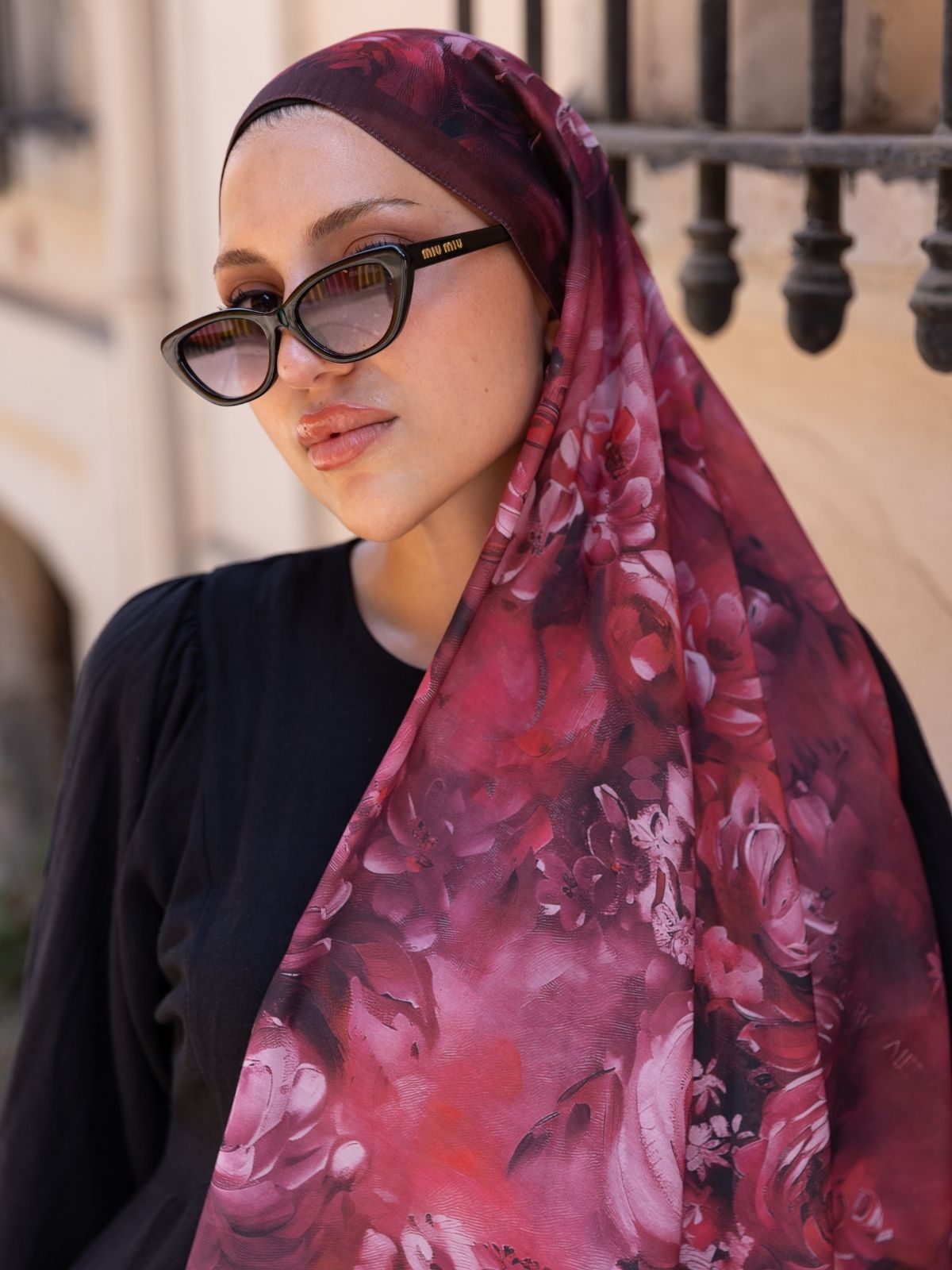 Mystic Bloom Desen Pamuk İpek Şal-Bordo - Görsel 3