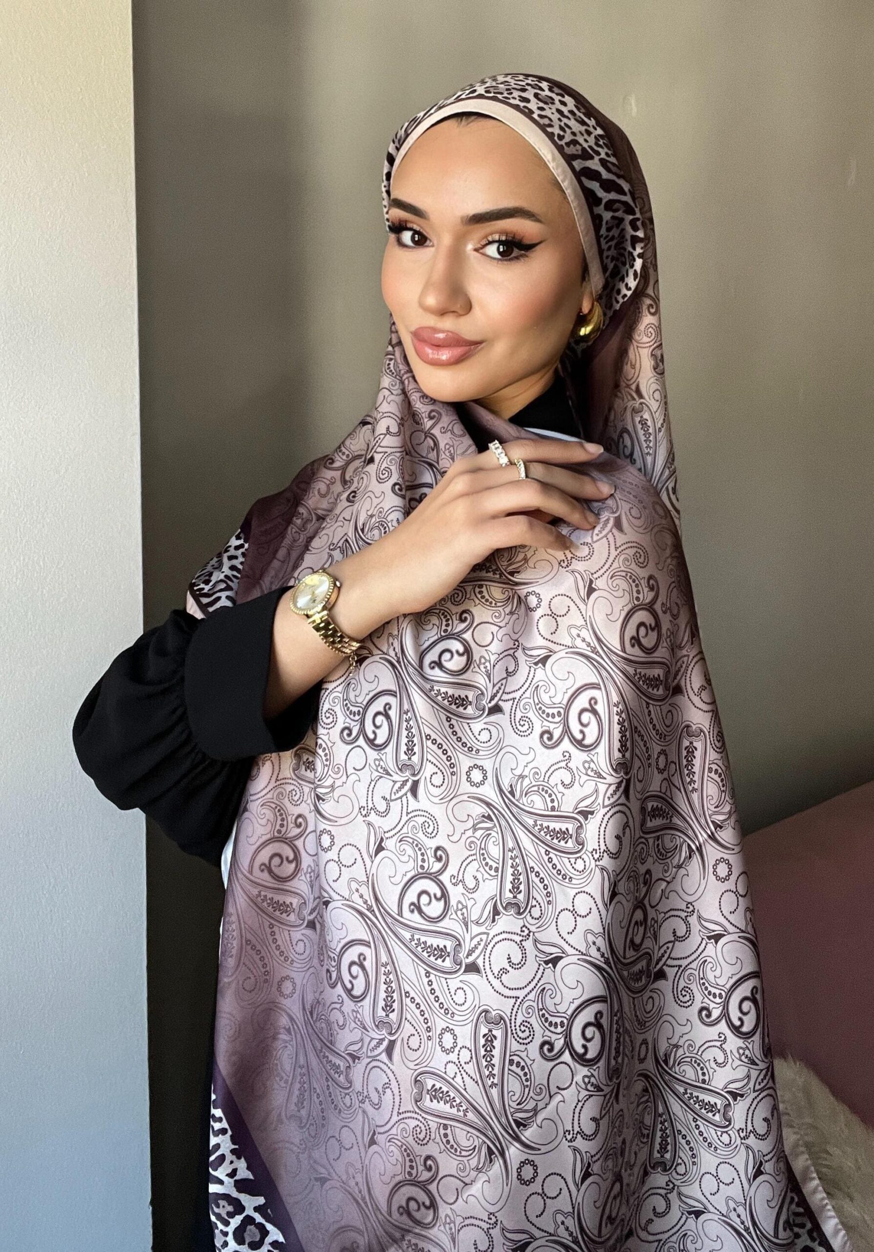 Leopar Detaylı Pamuk İpek Şal-456654-Krem