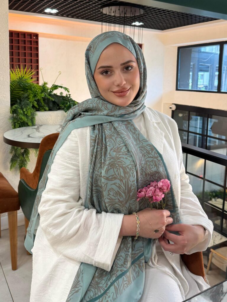 Touch Fourty Floral Desen Pamuk İpek Şal-202343-Su yeşili