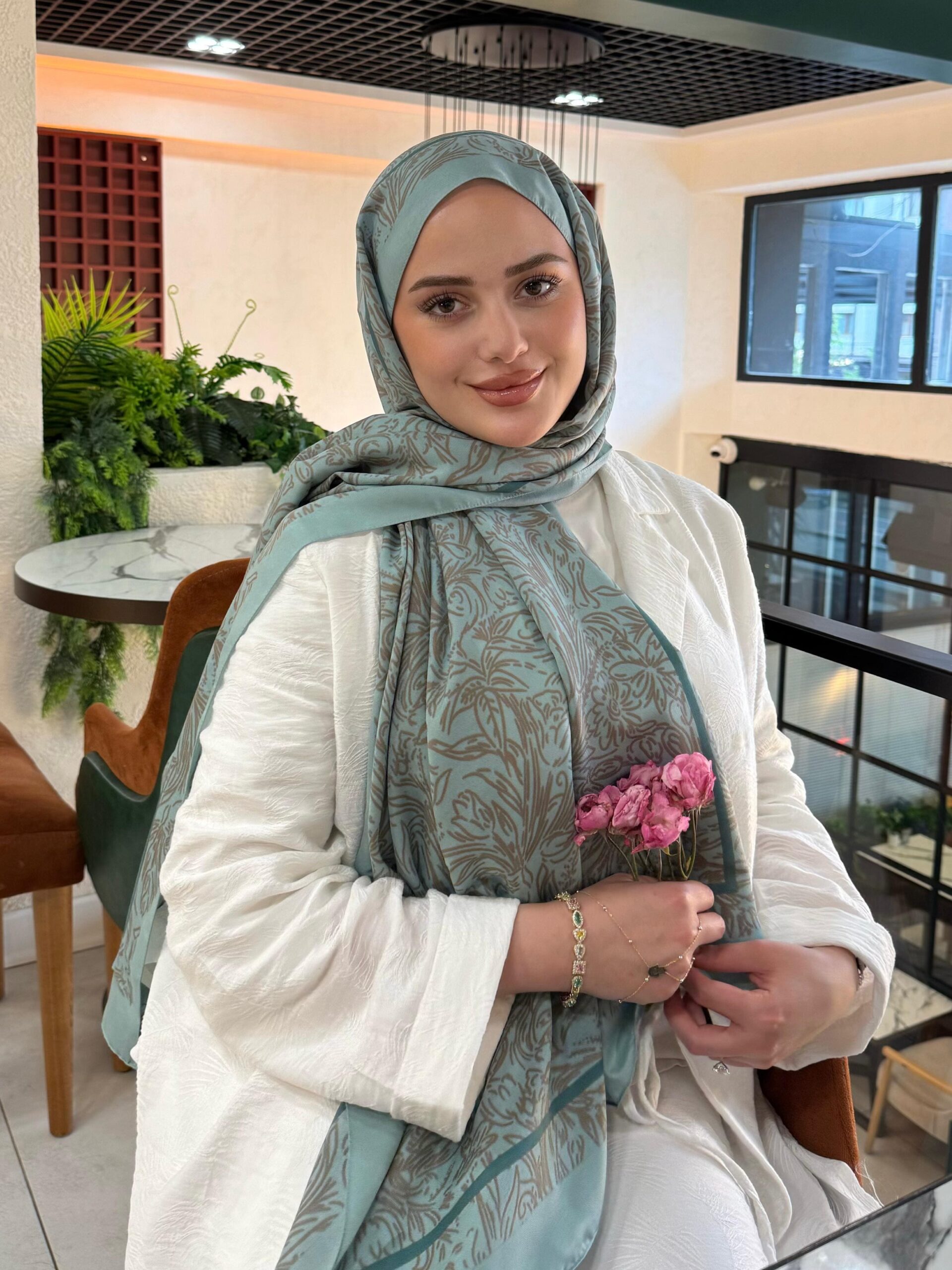 Touch Fourty Floral Desen Pamuk İpek Şal-202343-Su yeşili