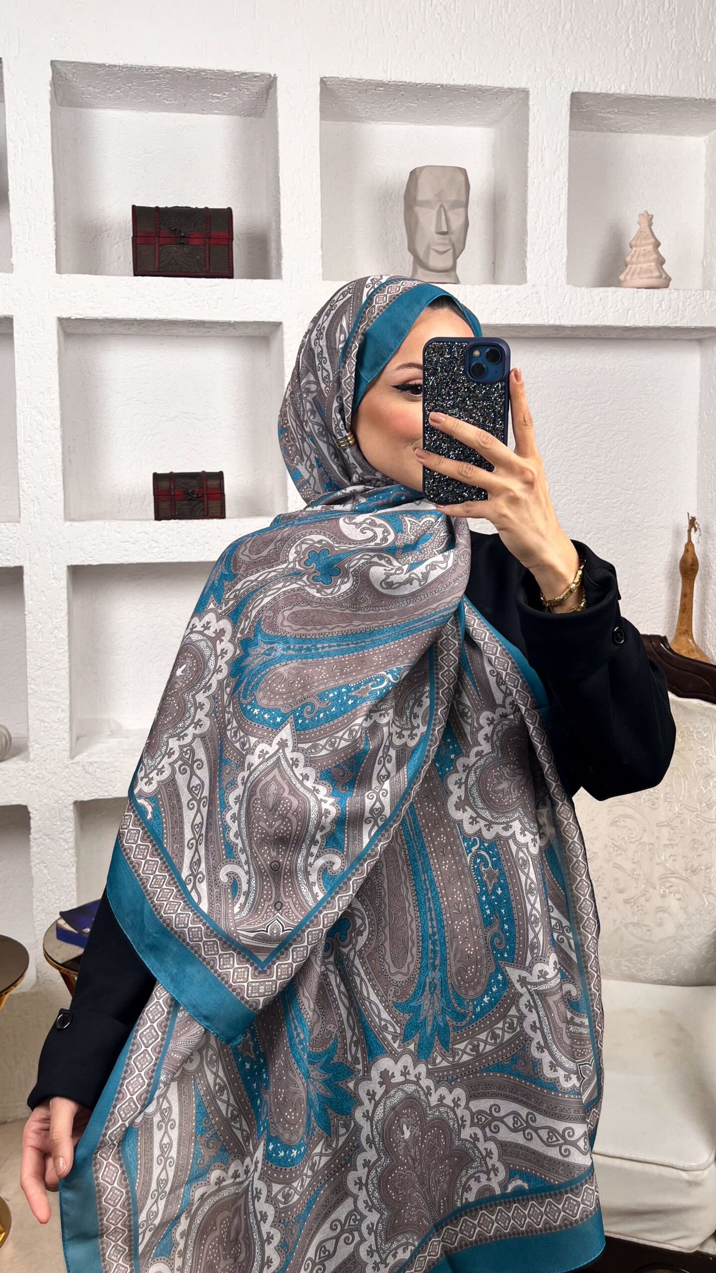 SAHRA DESEN PAMUK İPEK ŞAL-10005-PETROL - Görsel 2