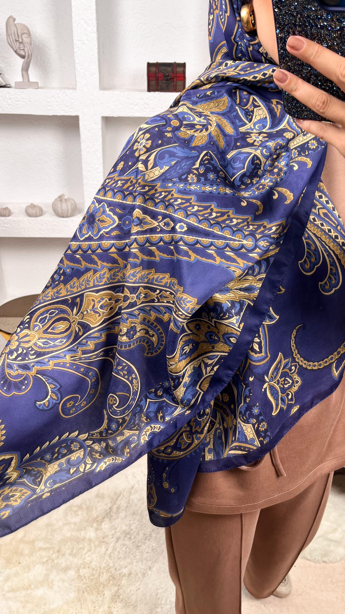 İnci Gecesi Desen Pamuk İpek Şal-10004-İNDİGO - Görsel 2