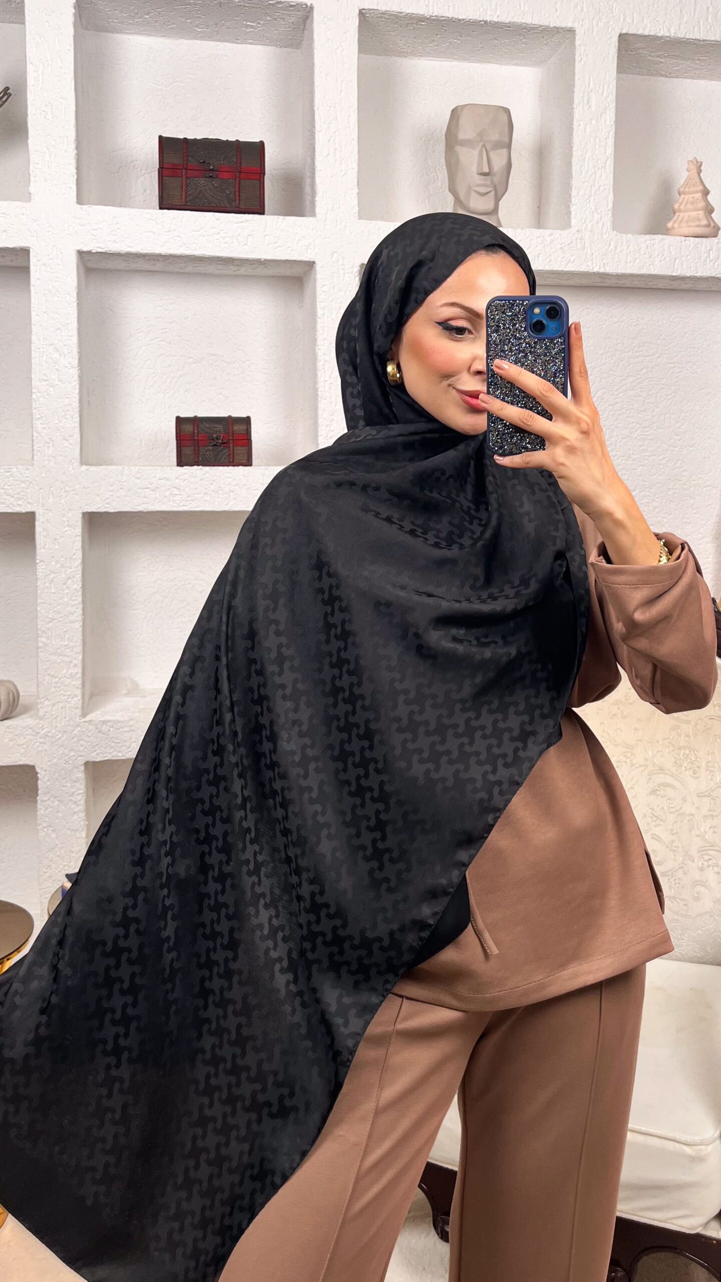 Puzzle Desen Pamuk İpeksi Jakar Şal -54256-Siyah